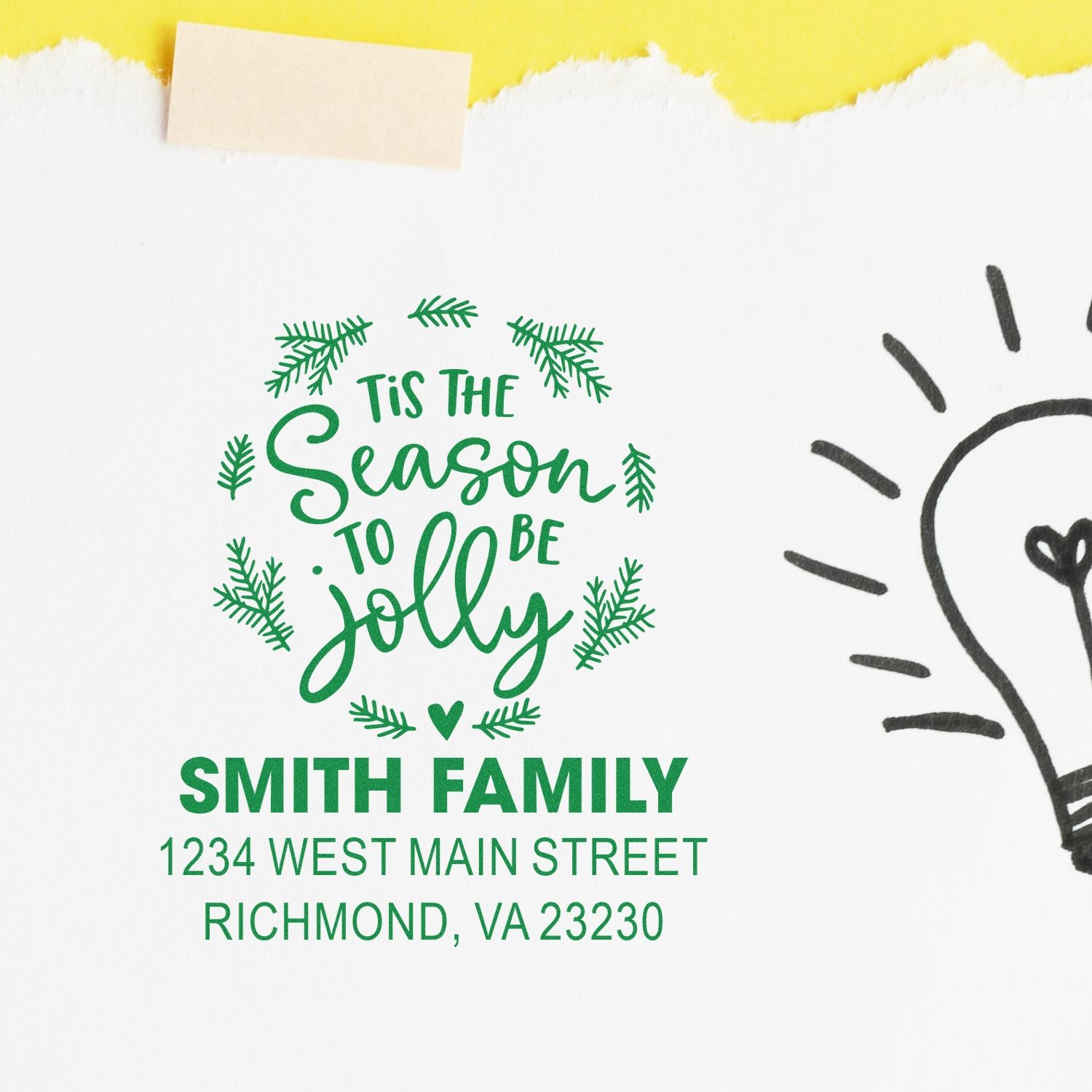 Custom rubber stamp with Tis the Season to Be Jolly holiday return address for Smith Family, Richmond, VA.