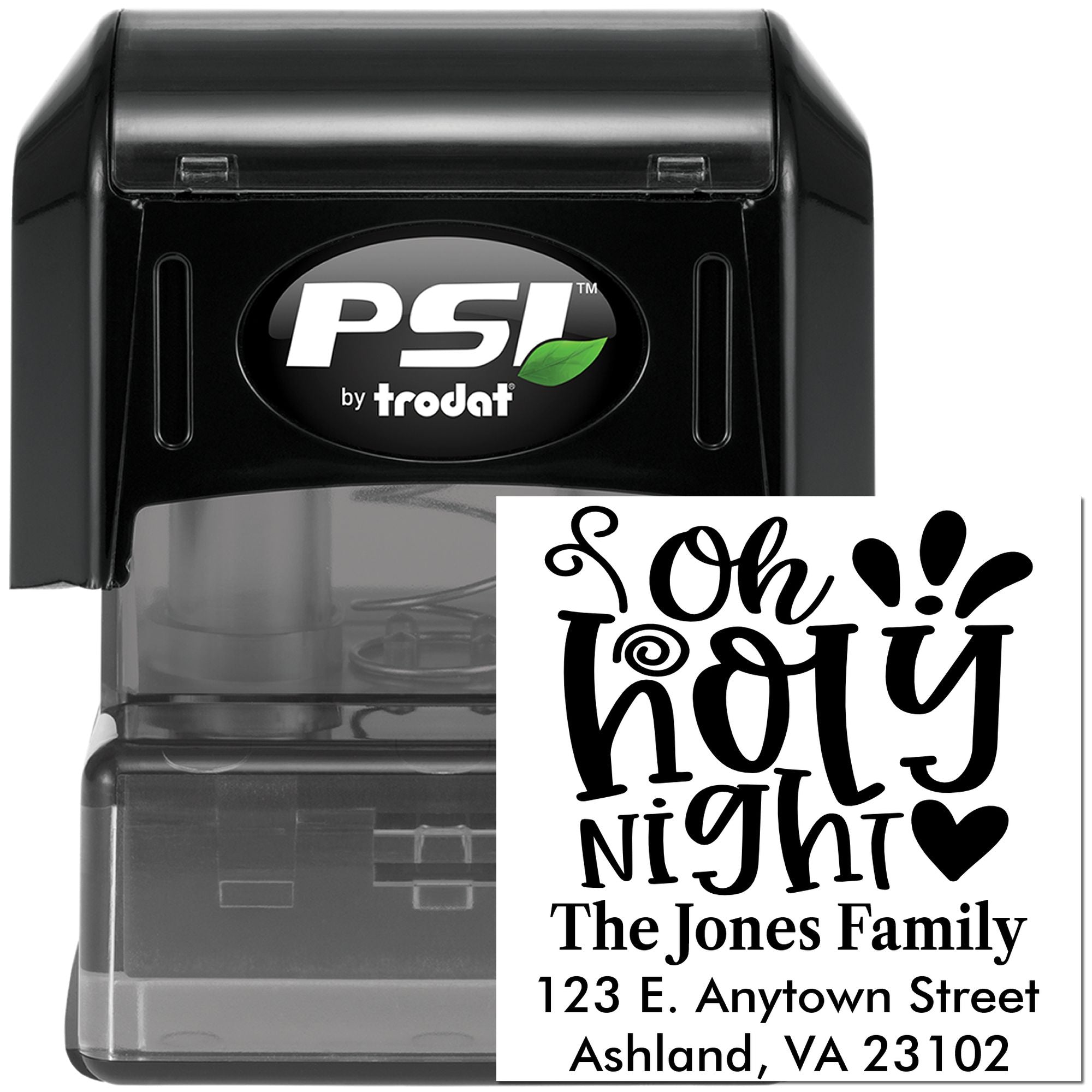 Custom self-inking return address rubber stamp with holiday greeting, Oh Holy Night, for The Jones Family, Ashland, VA 23102
