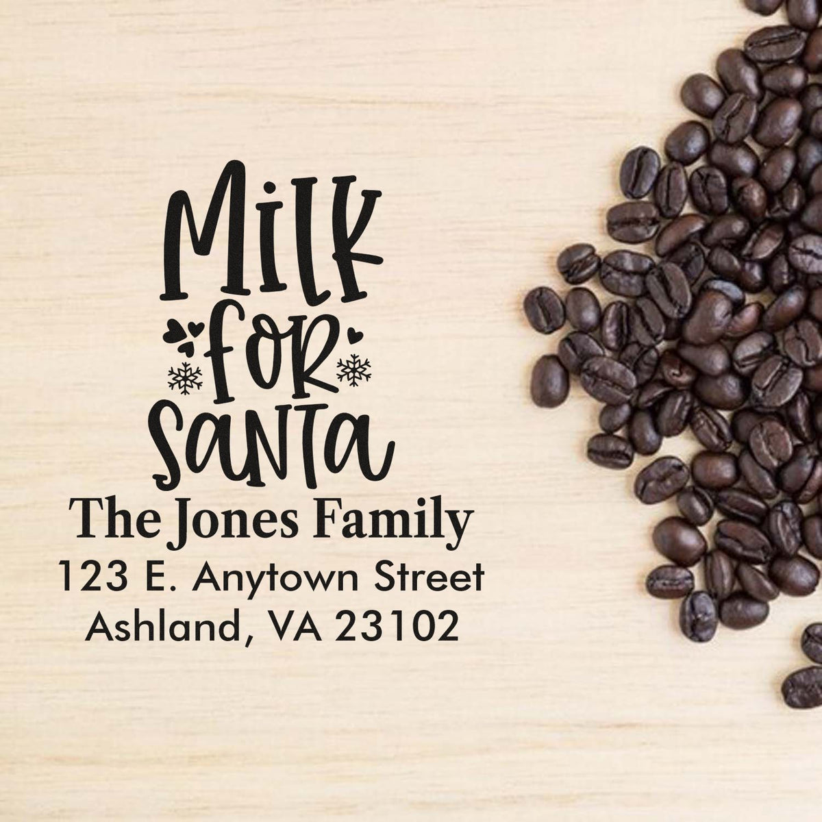 Custom Milk for Santa Christmas return address rubber stamp with family name and mailing address for holiday cards.