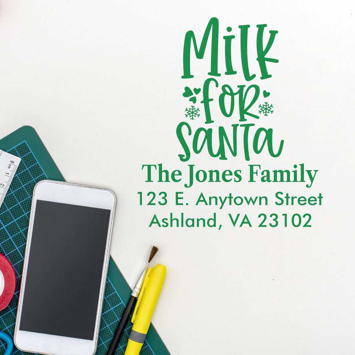Personalized Christmas rubber stamp design with Milk for Santa and family address for holiday cards, gifts, and mailing labels.