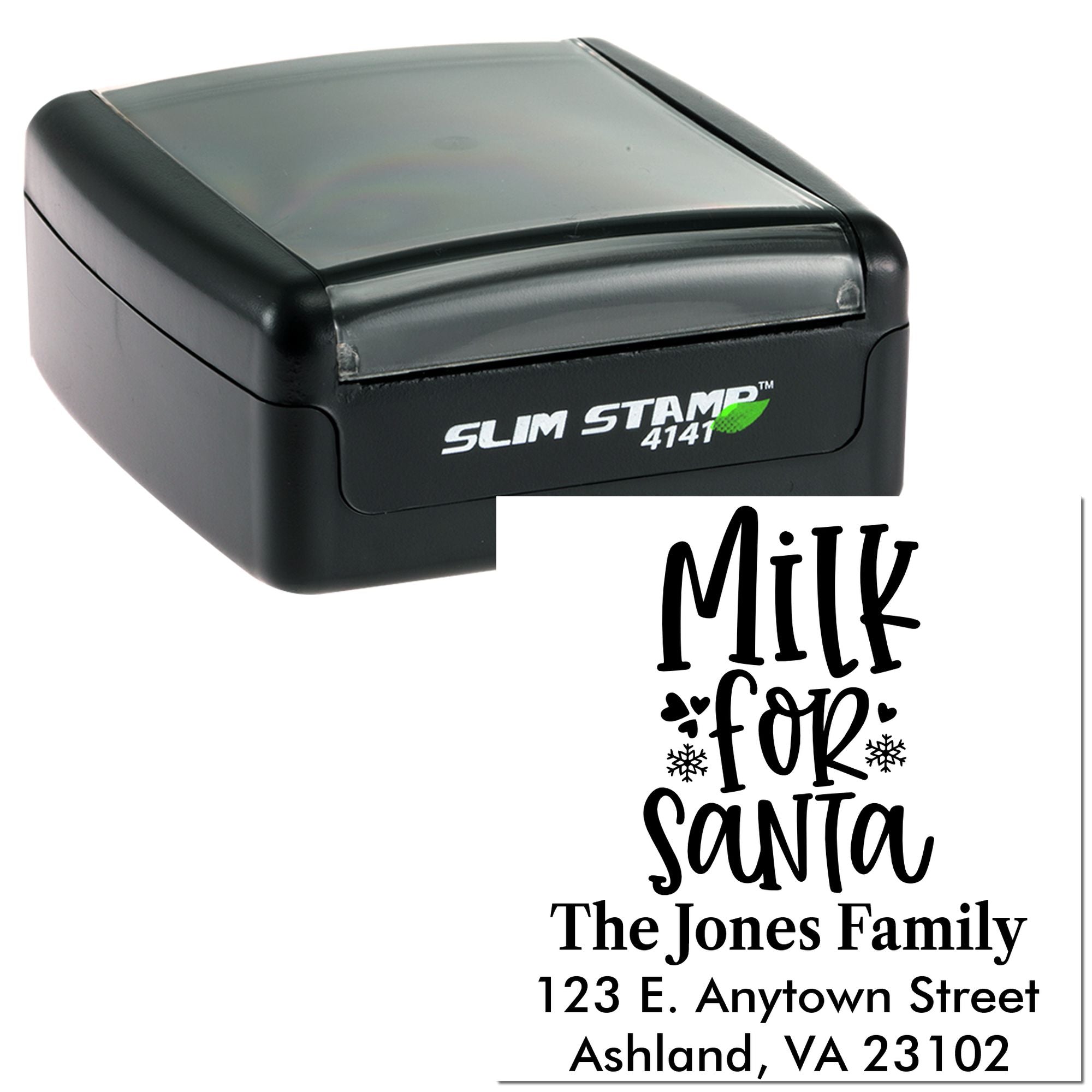 Custom self-inking rubber stamp sample with Milk for Santa holiday return address design for cards and envelopes.
