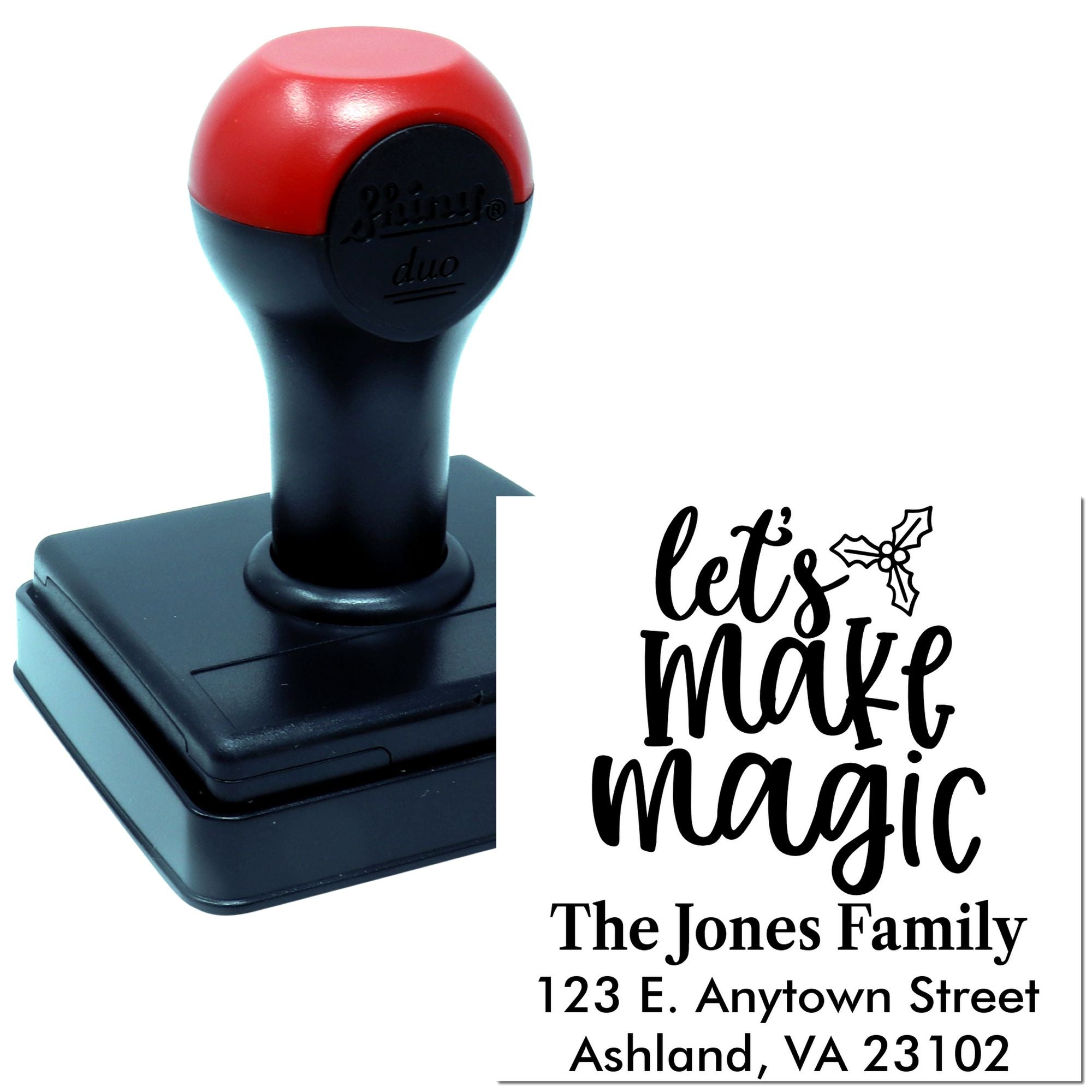 Custom self-inking rubber stamp with Lets Make Magic family return address design for holiday cards and mailings.