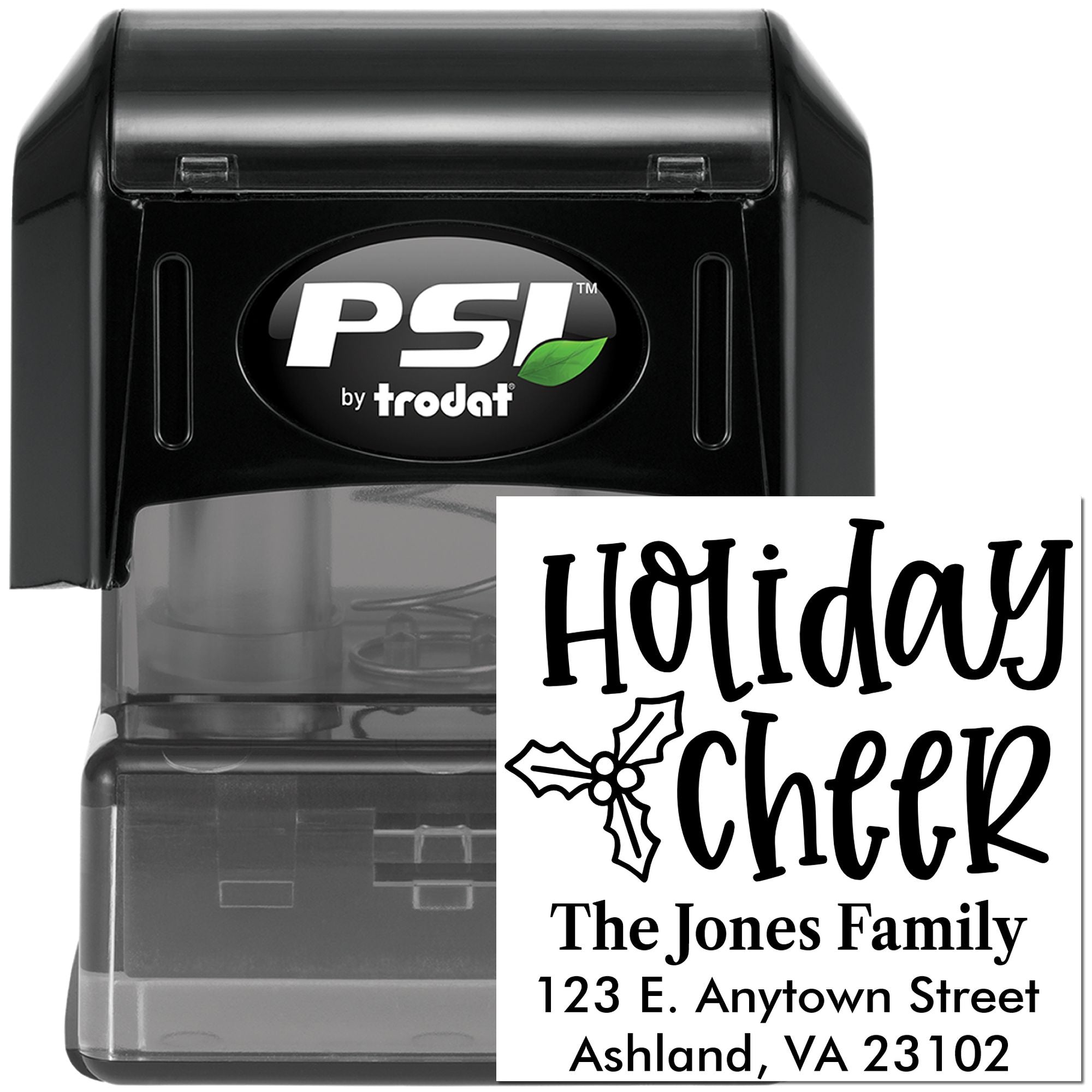 PSI by Trodat self-inking custom rubber stamp with Holiday Cheer return address design for festive mailings
