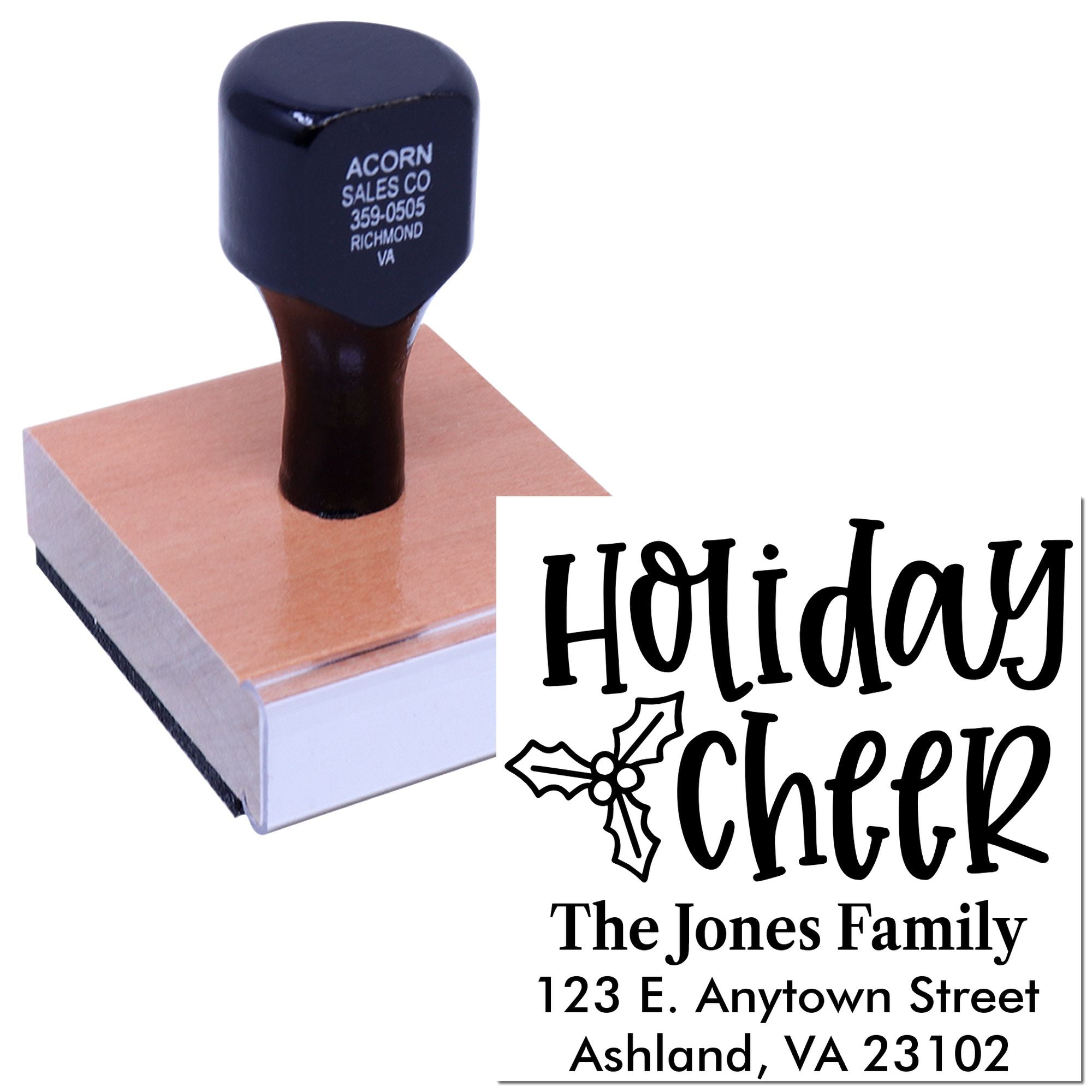 Custom Holiday Cheer self-inking rubber stamp with family name and address for festive holiday cards and envelopes