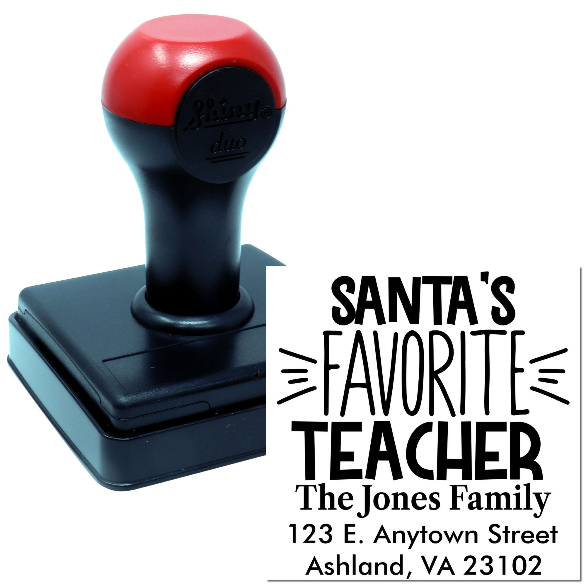 Custom self-inking rubber stamp featuring Santas Favorite Teacher and personalized family address for holiday teacher gifts.