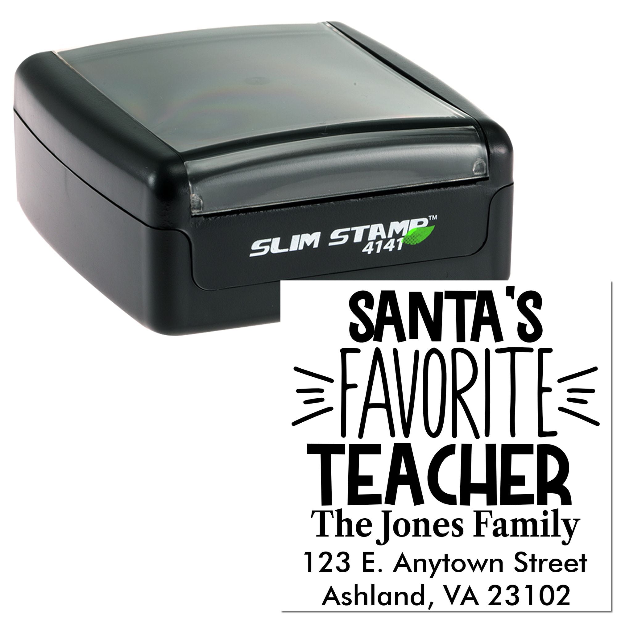Custom self-inking rubber stamp with Santas Favorite Teacher design and personalized family address imprint.