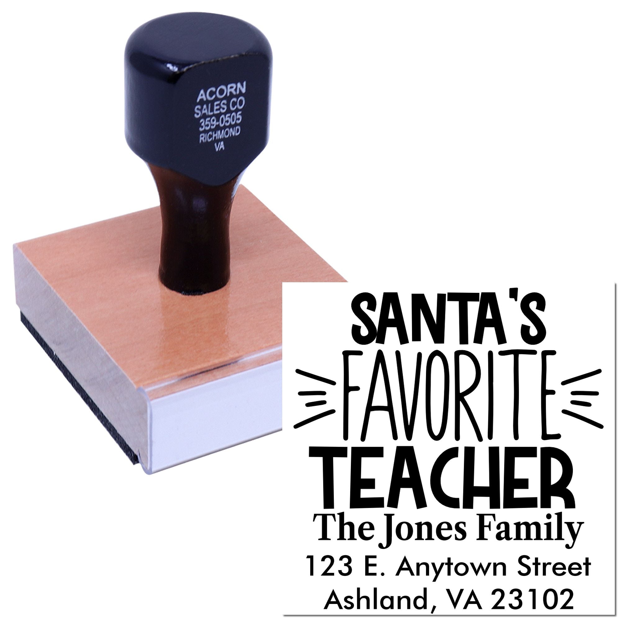 Personalized Santas Favorite Teacher rubber stamp with family name and address for holiday gift tags, cards, and classroom use.