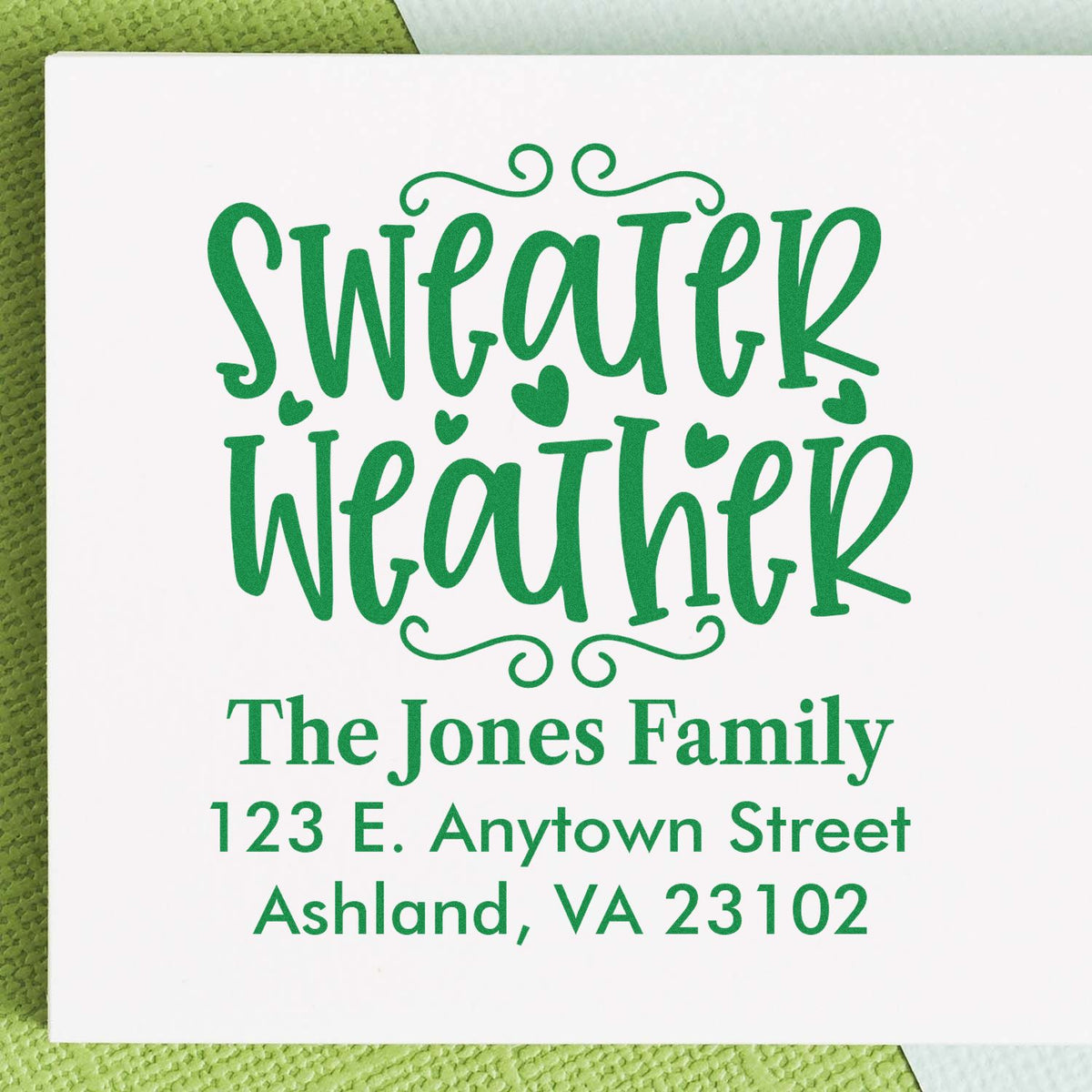 Custom Sweater Weather return address rubber stamp for The Jones Family, 123 E. Anytown Street, Ashland, VA 23102