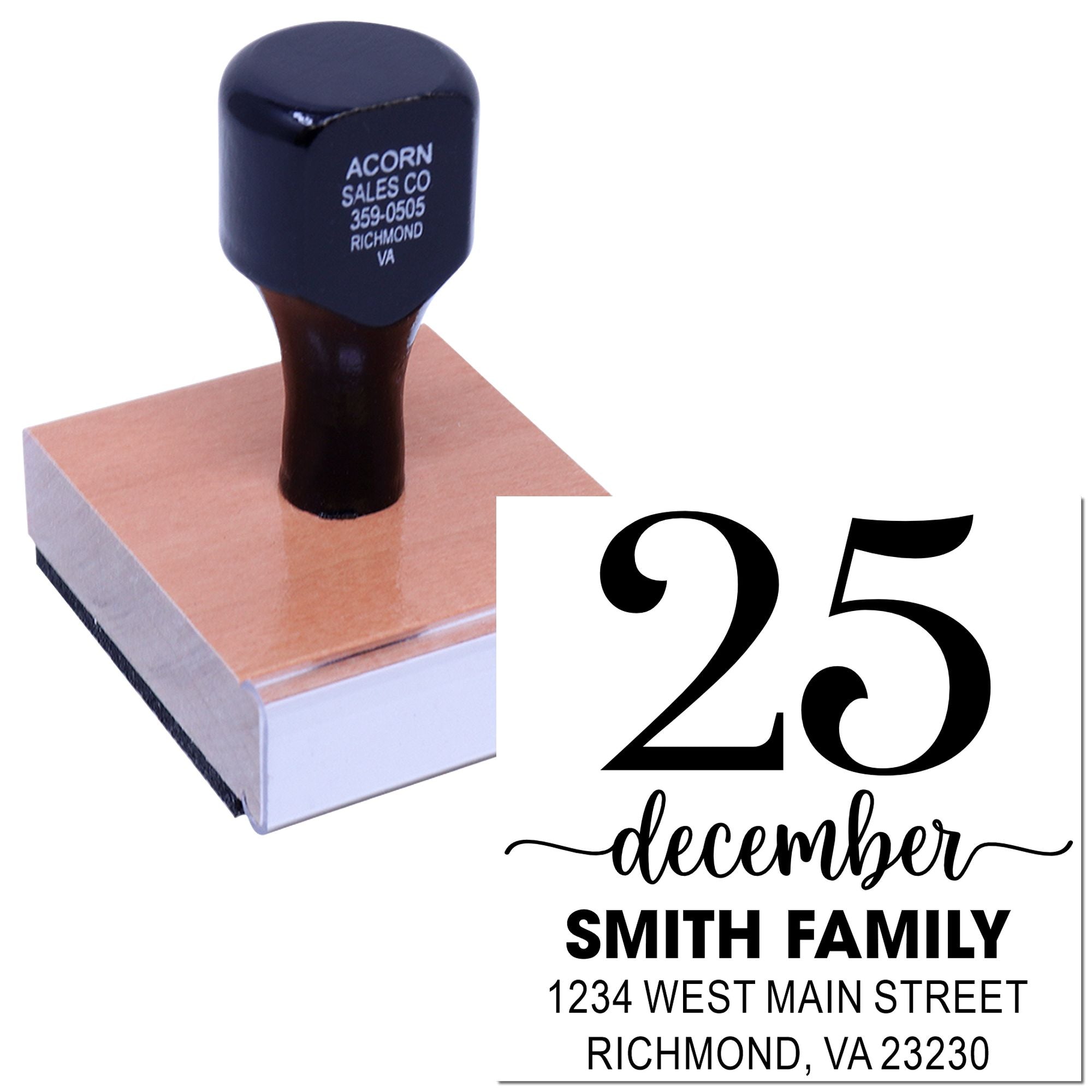 Custom address rubber stamp with December 25 design for holiday cards, envelopes, and personalized mail.