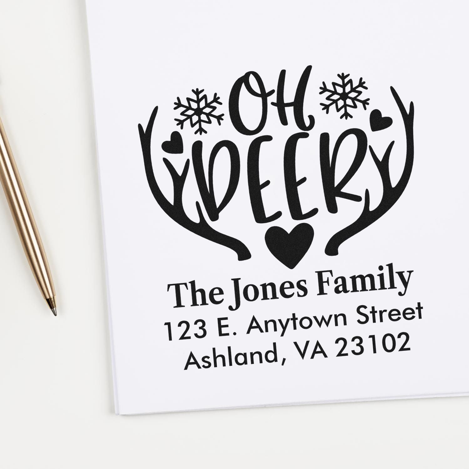 Personalized Oh Deer Christmas address rubber stamp with antlers, snowflakes, and family mailing details.