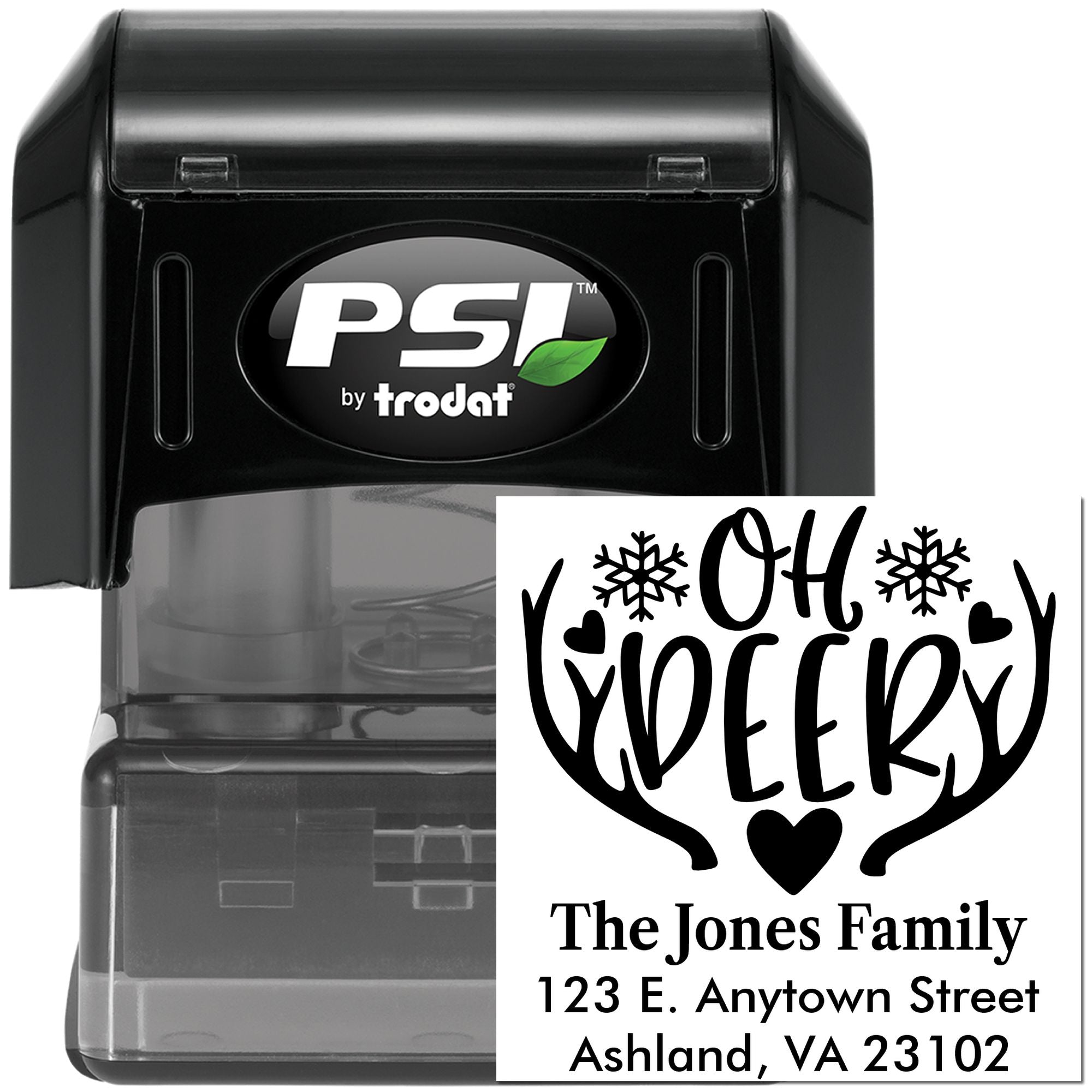 PSI by Trodat self-inking custom address stamp with holiday deer design and The Jones Family return address.