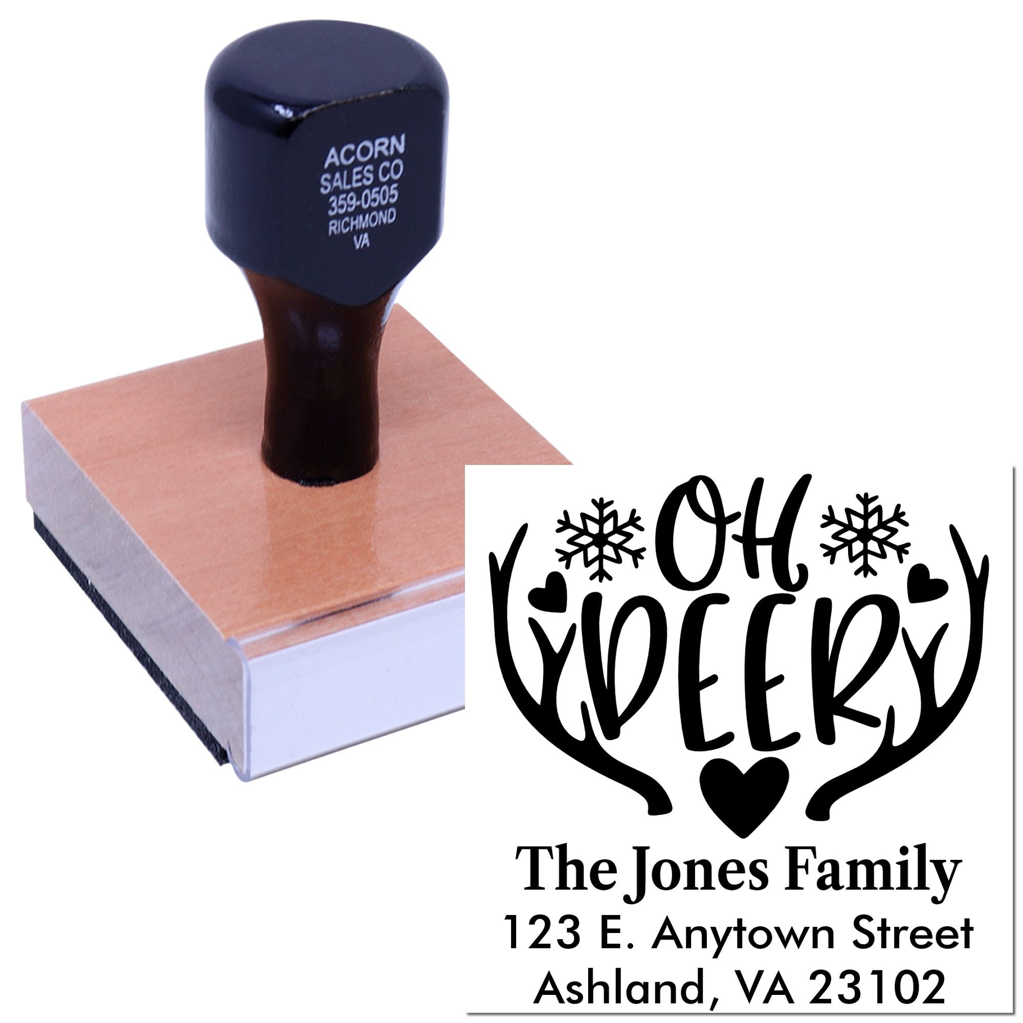 Custom holiday rubber stamp with Oh Hoppy deer antler design and personalized family address.