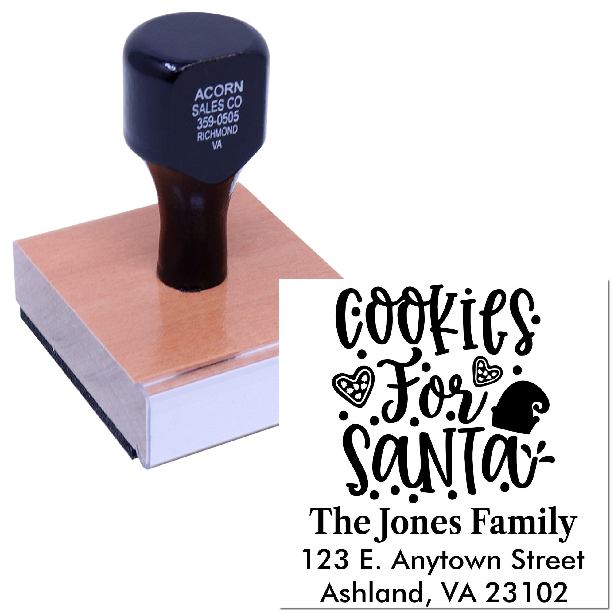 Custom Christmas cookie rubber stamp with Cookies for Santa design and personalized family address for holiday baking and gifting