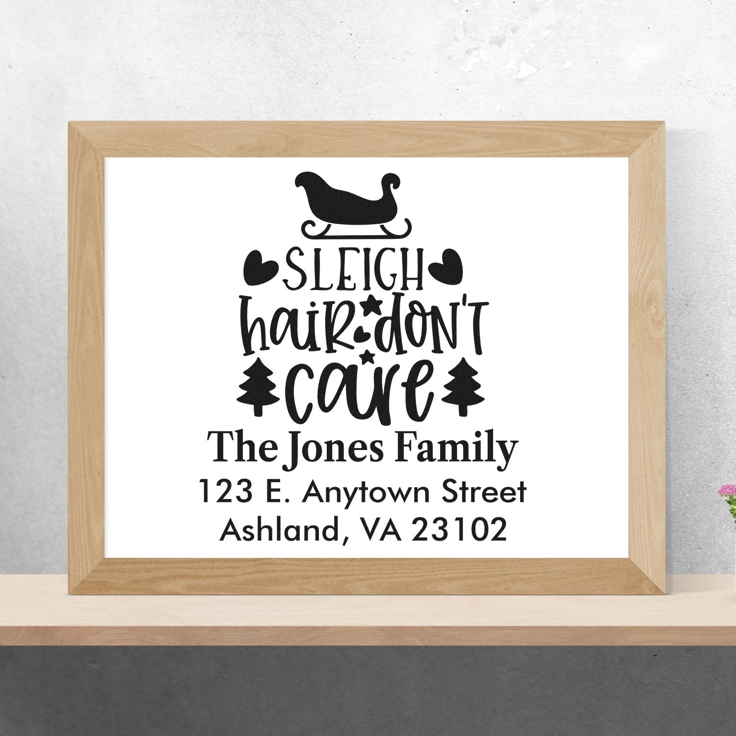 Custom Christmas return address rubber stamp with Sleigh Hair Dont Care design, family name, and mailing address.