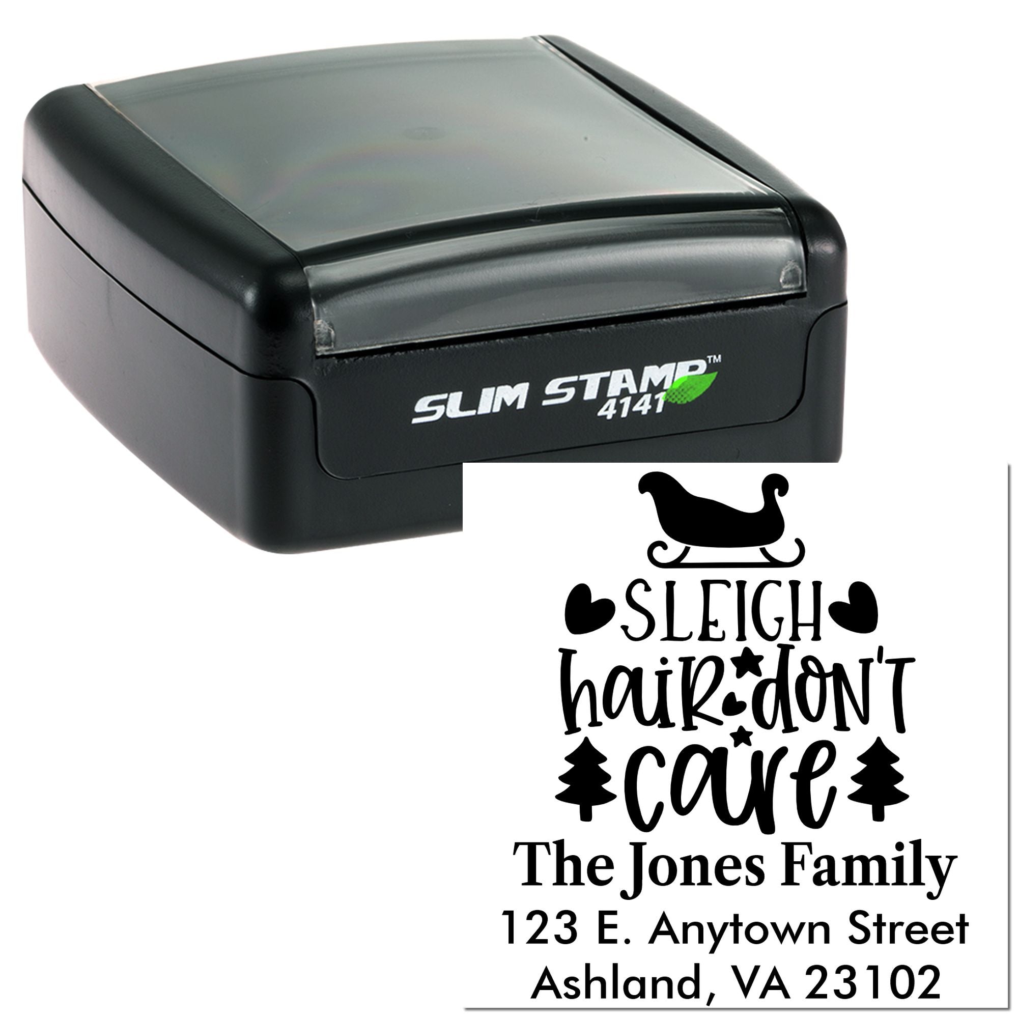 Custom self-inking rubber stamp with sleigh design and personalized return address for The Jones Family.