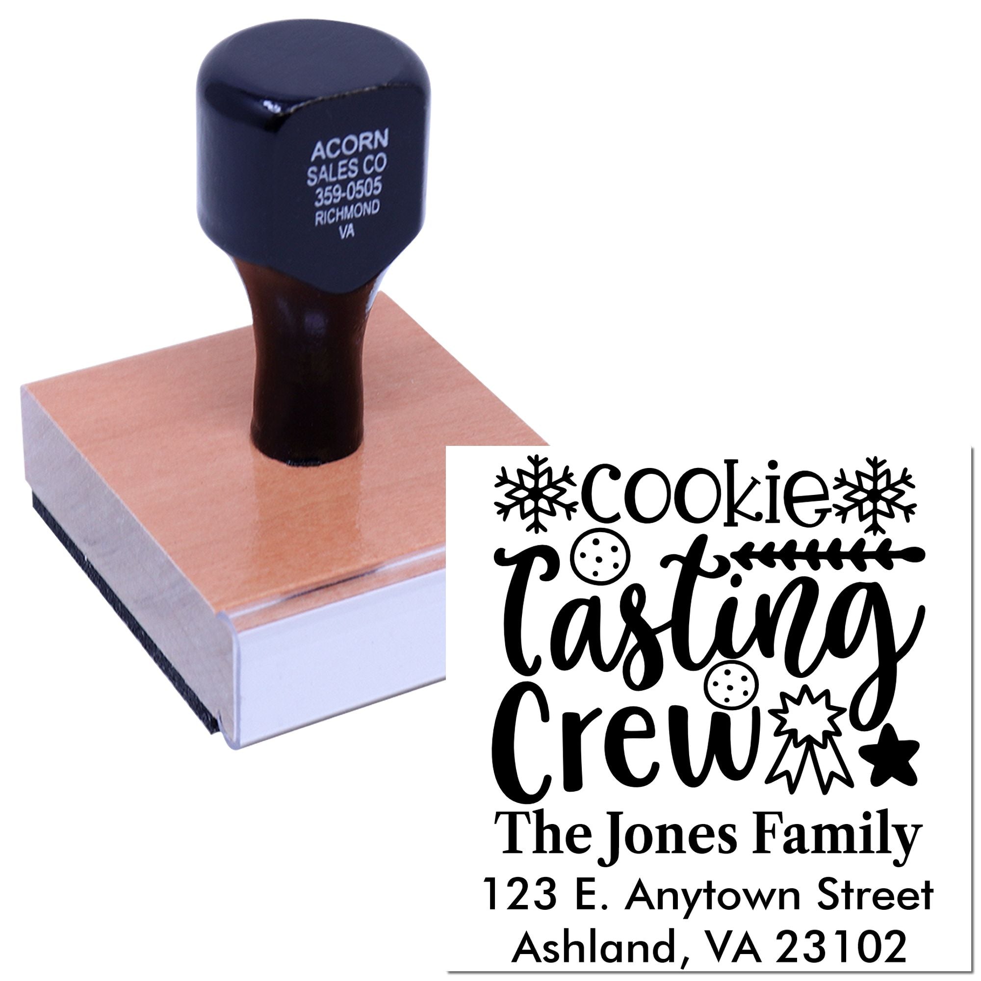 Custom personalized rubber stamp with Cookie Tasting Crew design and family address for bakery packaging.