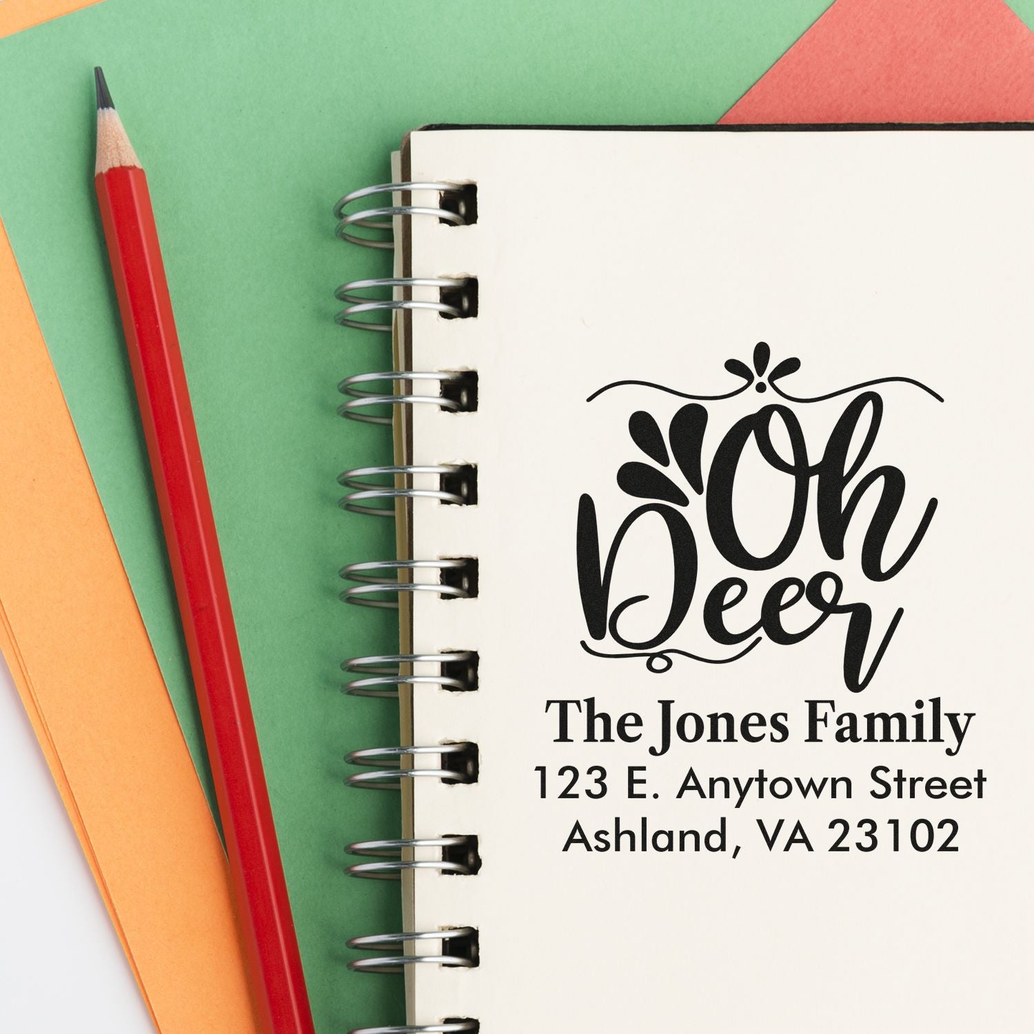 Personalized Oh Deer family address rubber stamp for holiday cards, envelopes, and stationery.