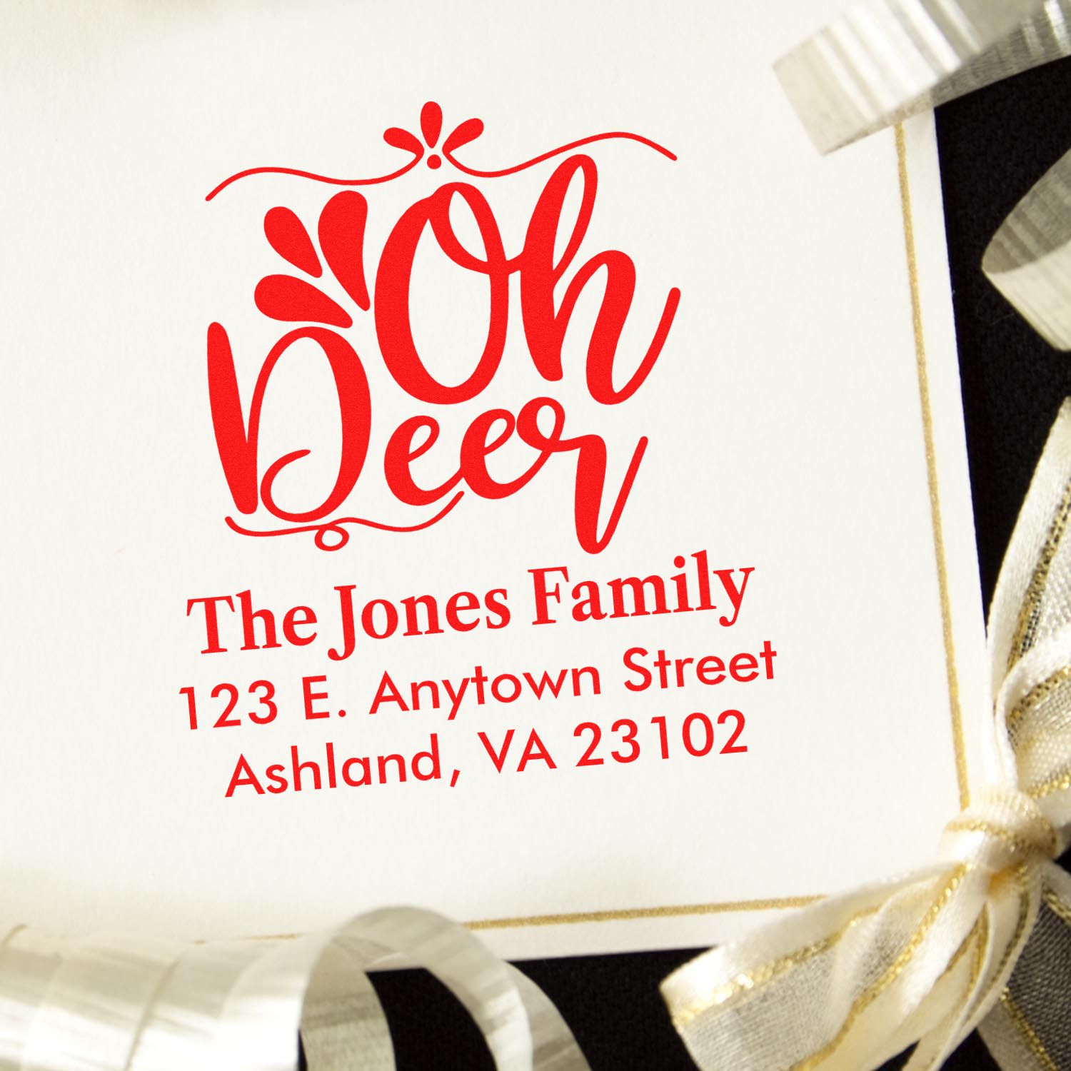Personalized holiday return address rubber stamp with Oh Deer design, perfect for The Jones Family cards, gifts, and mail.