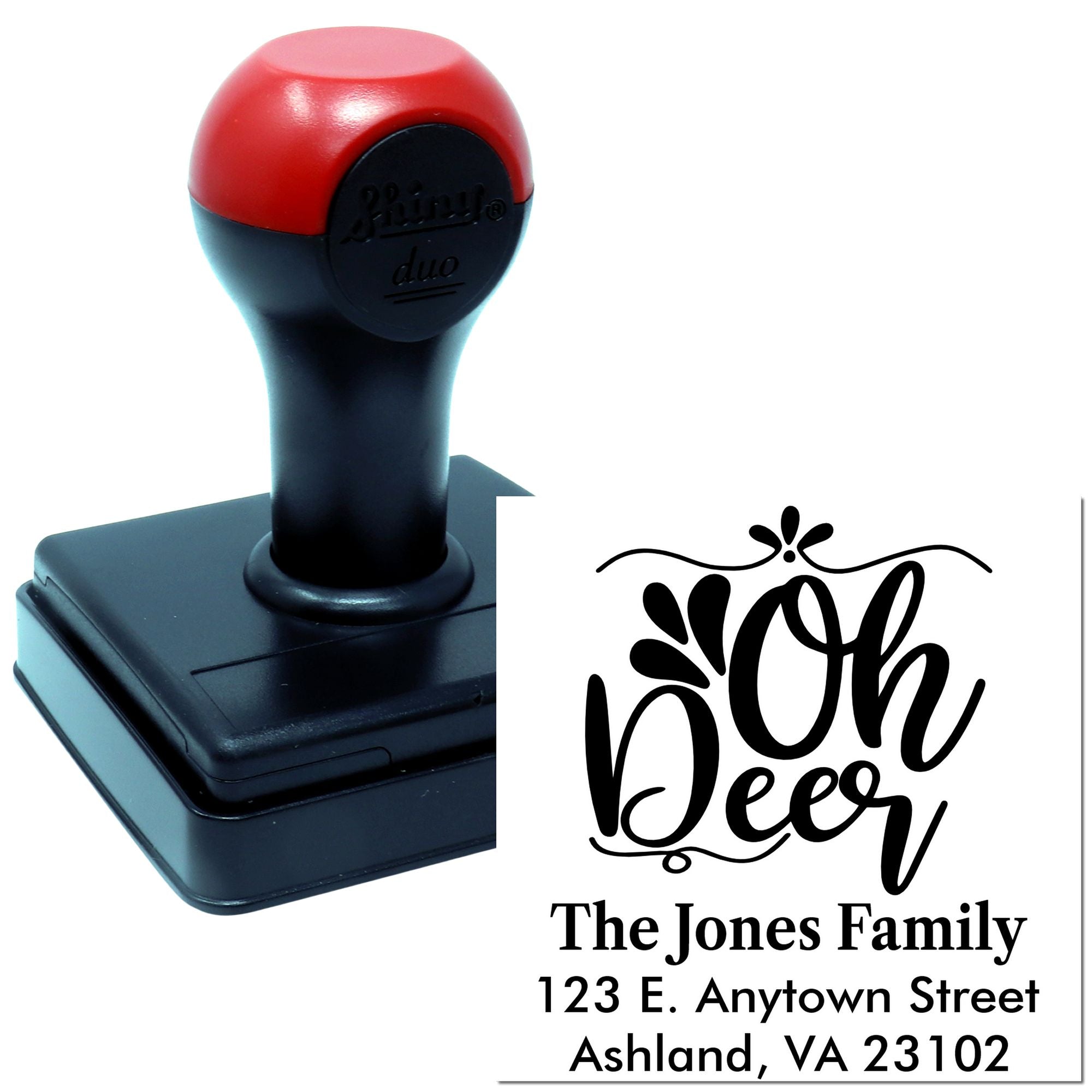 Custom self-inking rubber stamp with beer design, family name, and address for personalized return mail.