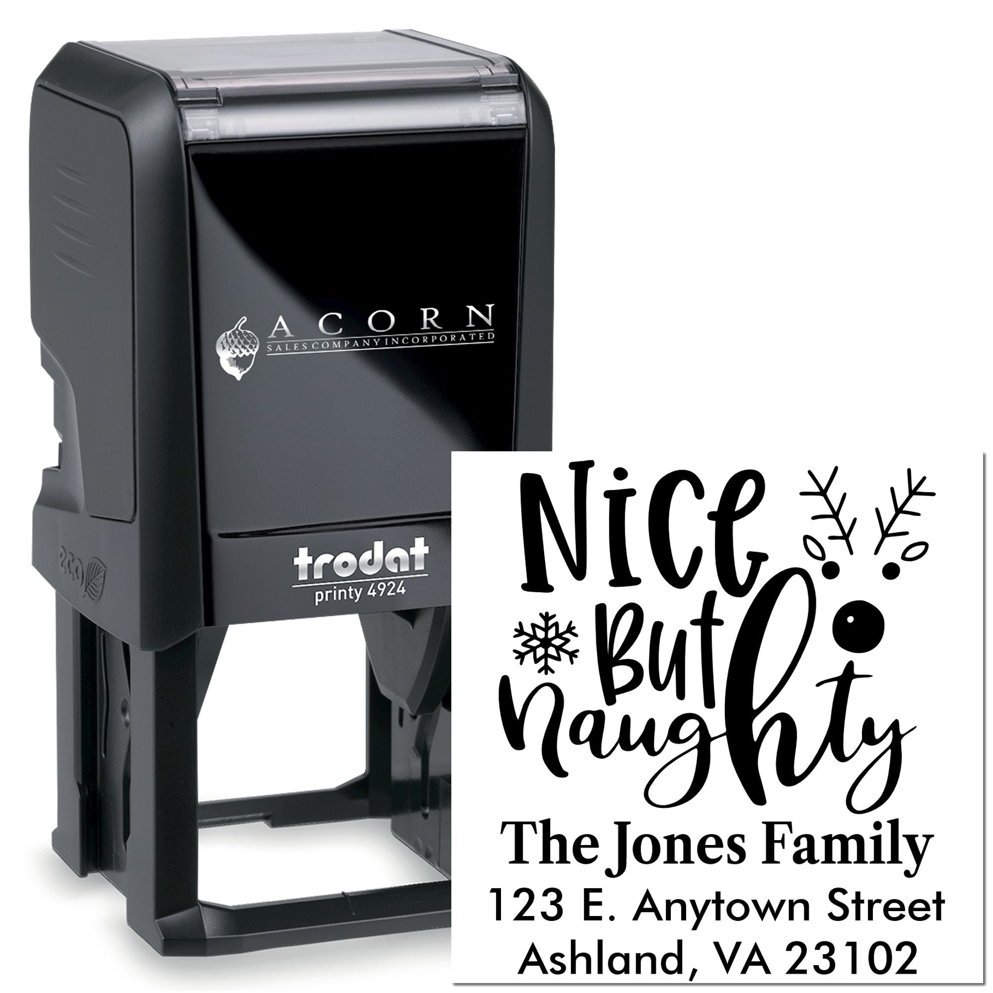 Custom self-inking rubber stamp with "Nice but naughty" holiday design and address imprint, Trodat Printy 4924.