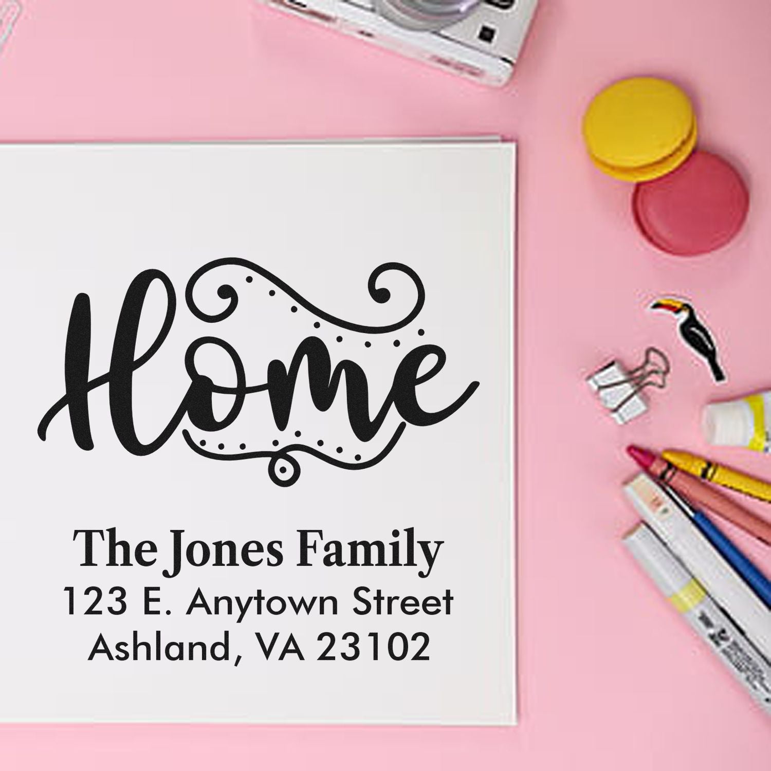 Custom home address rubber stamp with home design, The Jones Family, Ashland VA return address for envelopes.
