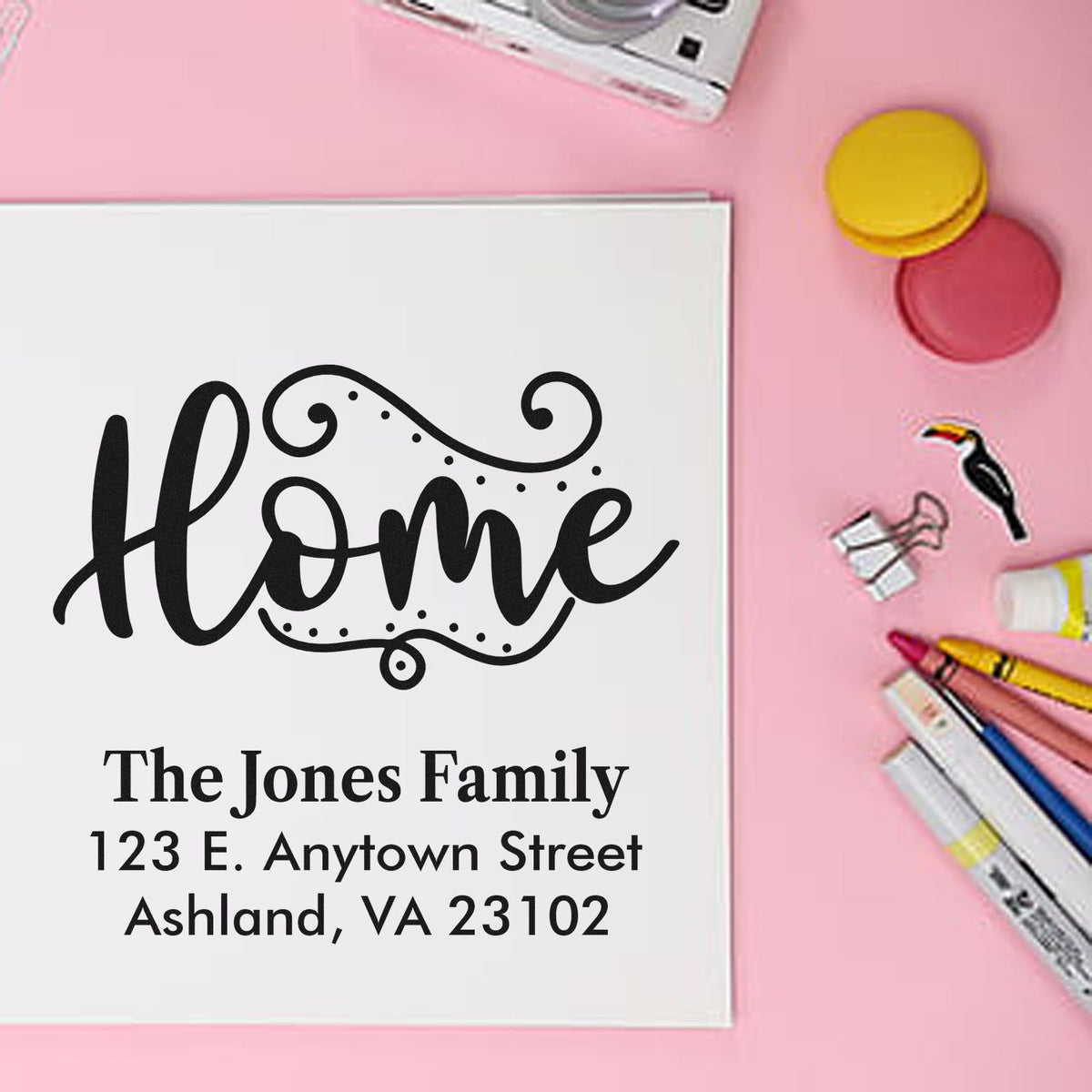 Personalized home address rubber stamp with Home design for the Jones family, ideal for envelopes, mail, and craft projects.