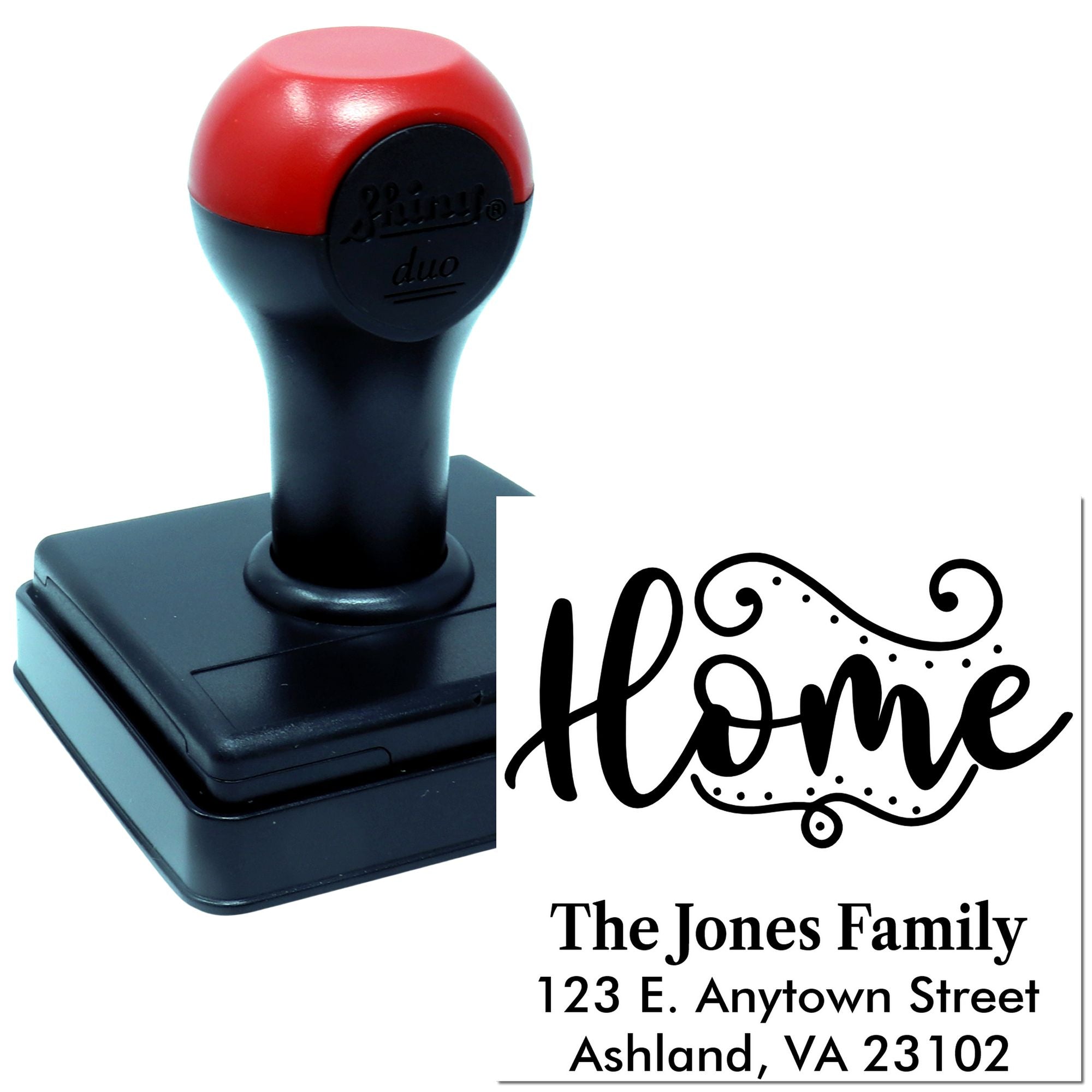 Custom self-inking rubber stamp with decorative Home address design for personalized family return address stamping.