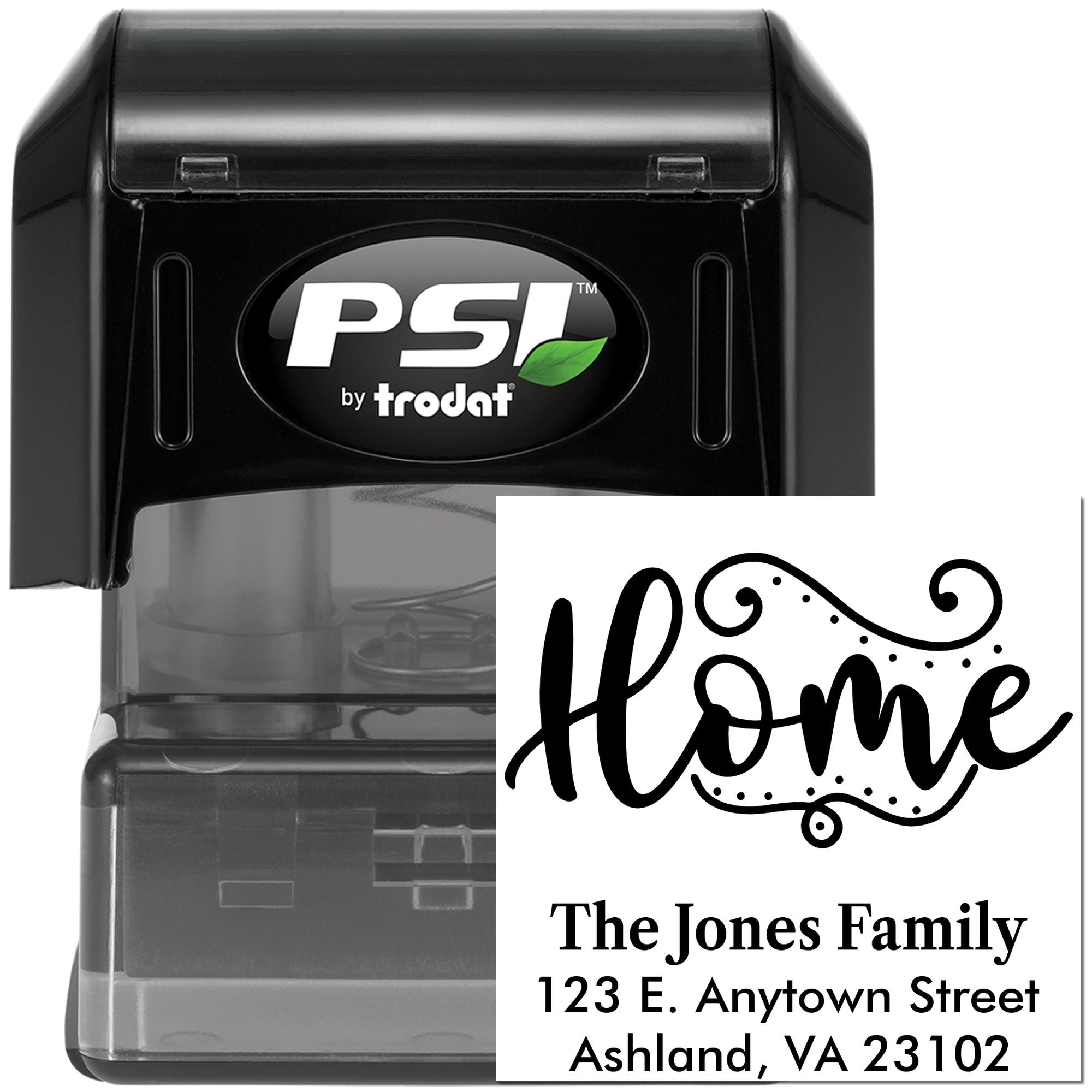 PSI by Trodat self-inking custom return address rubber stamp with Home design for The Jones Family