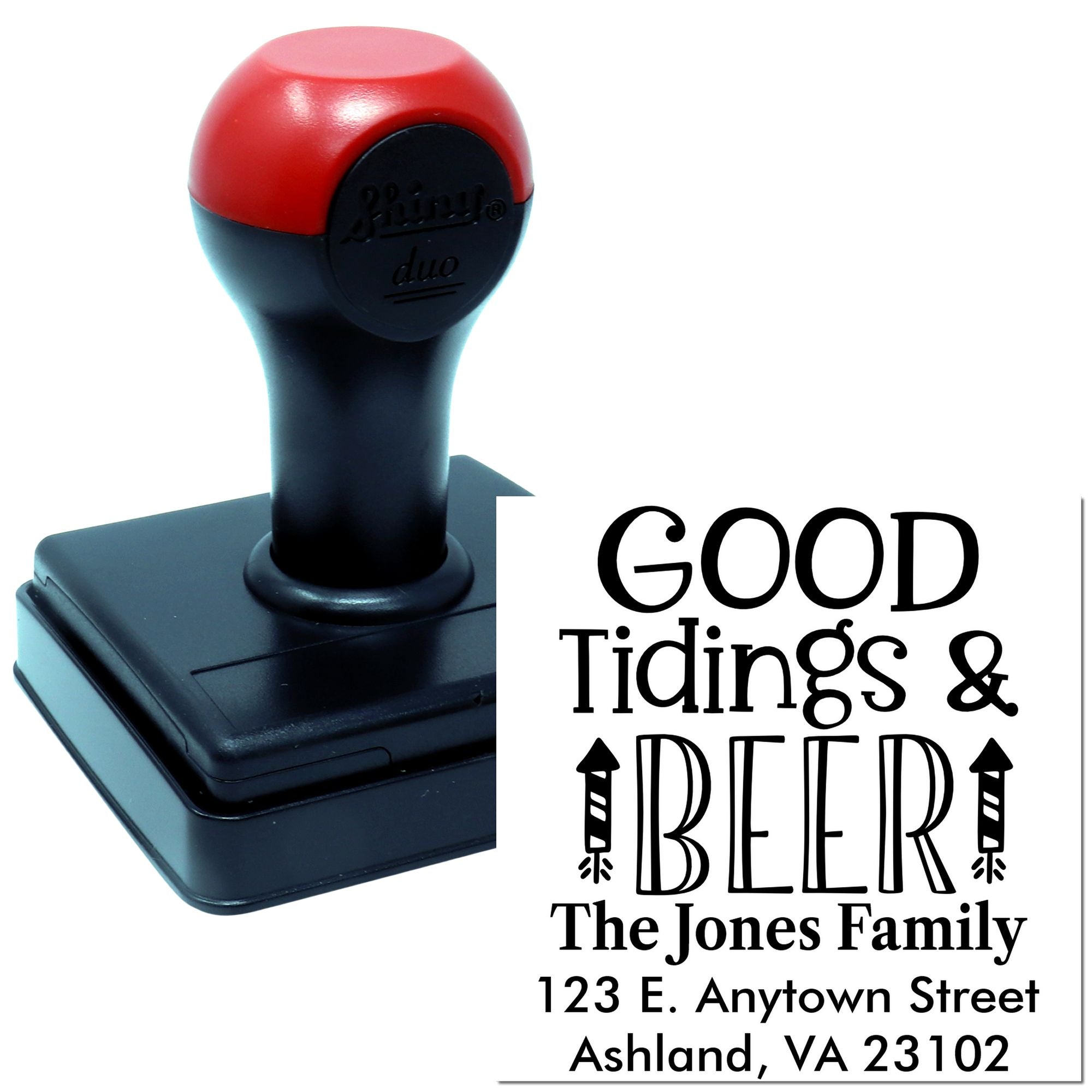 Custom self-inking return address rubber stamp featuring Good Tidings & Beer holiday design for The Jones Family.
