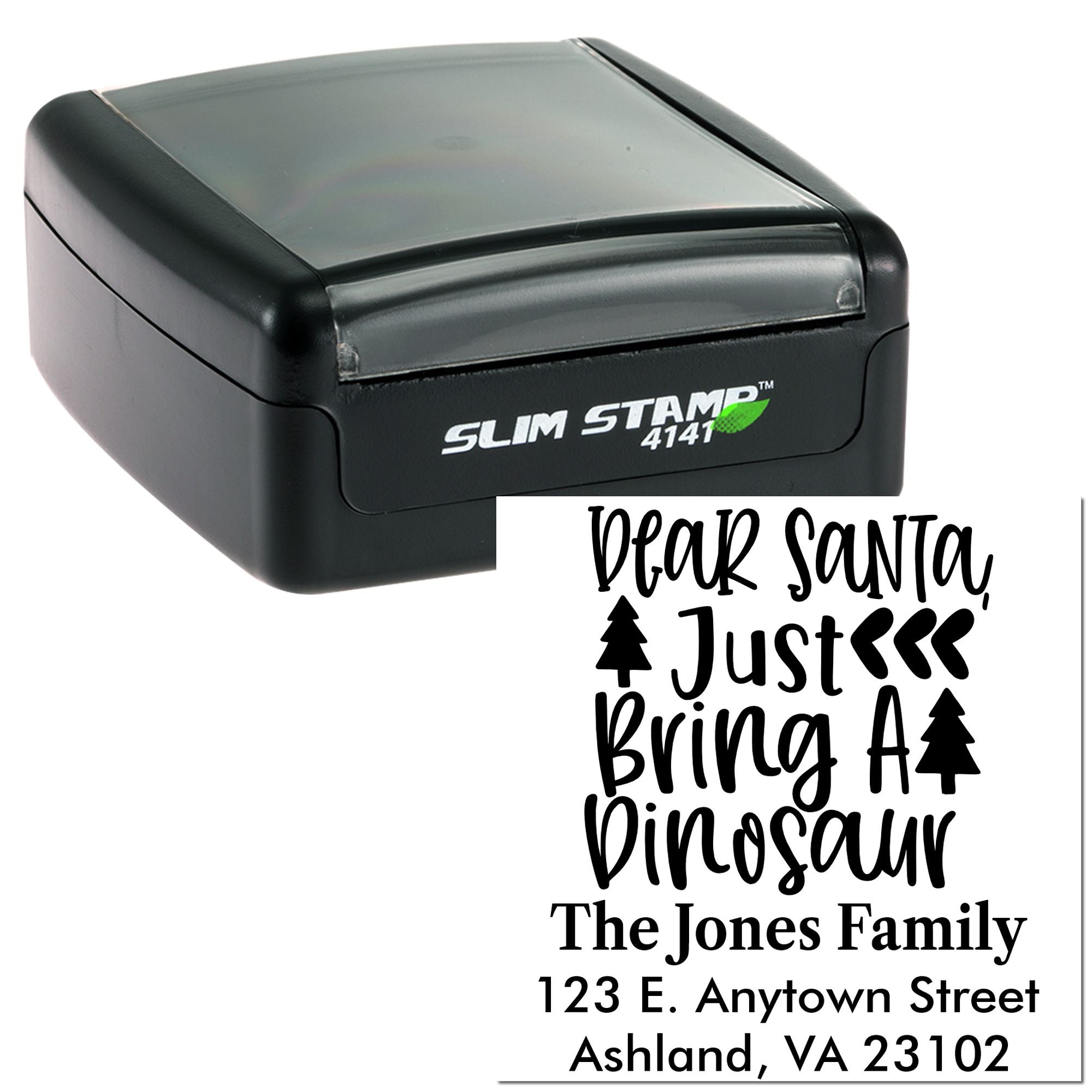 Custom self-inking rubber stamp with Dear Santa holiday return address design for family mail, cards, and Christmas envelopes.