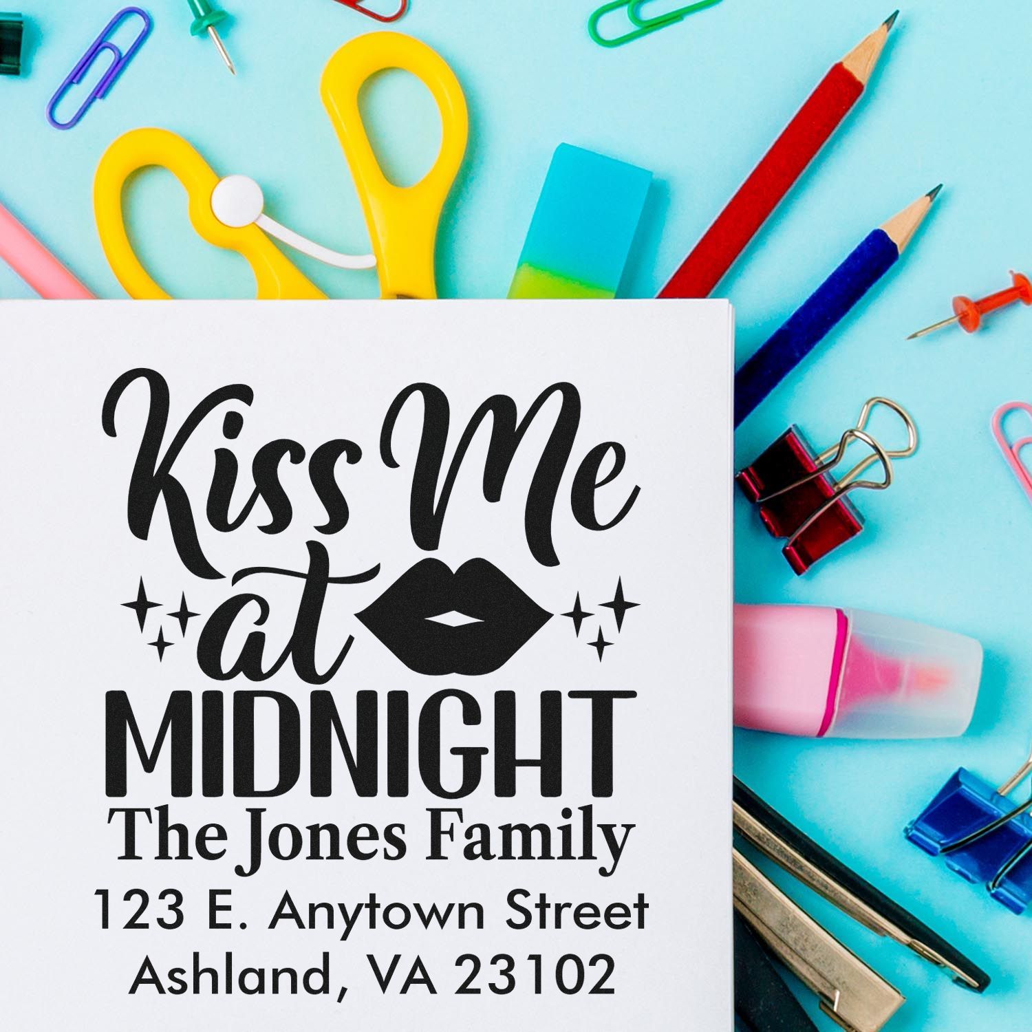 Personalized return address rubber stamp design reading Kiss Me at Midnight for The Jones Family with custom address.