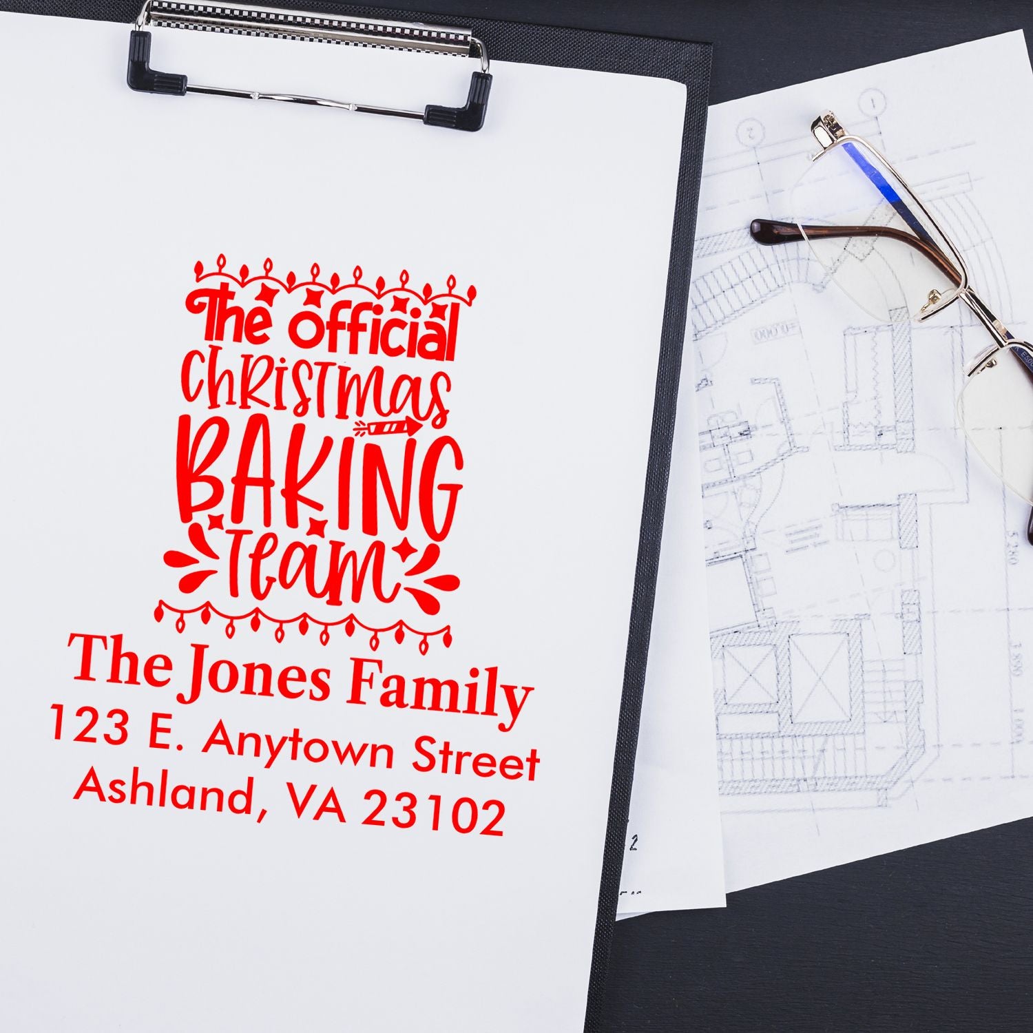 Custom holiday rubber stamp imprint reading The Official Christmas Baking Team with family name and address.