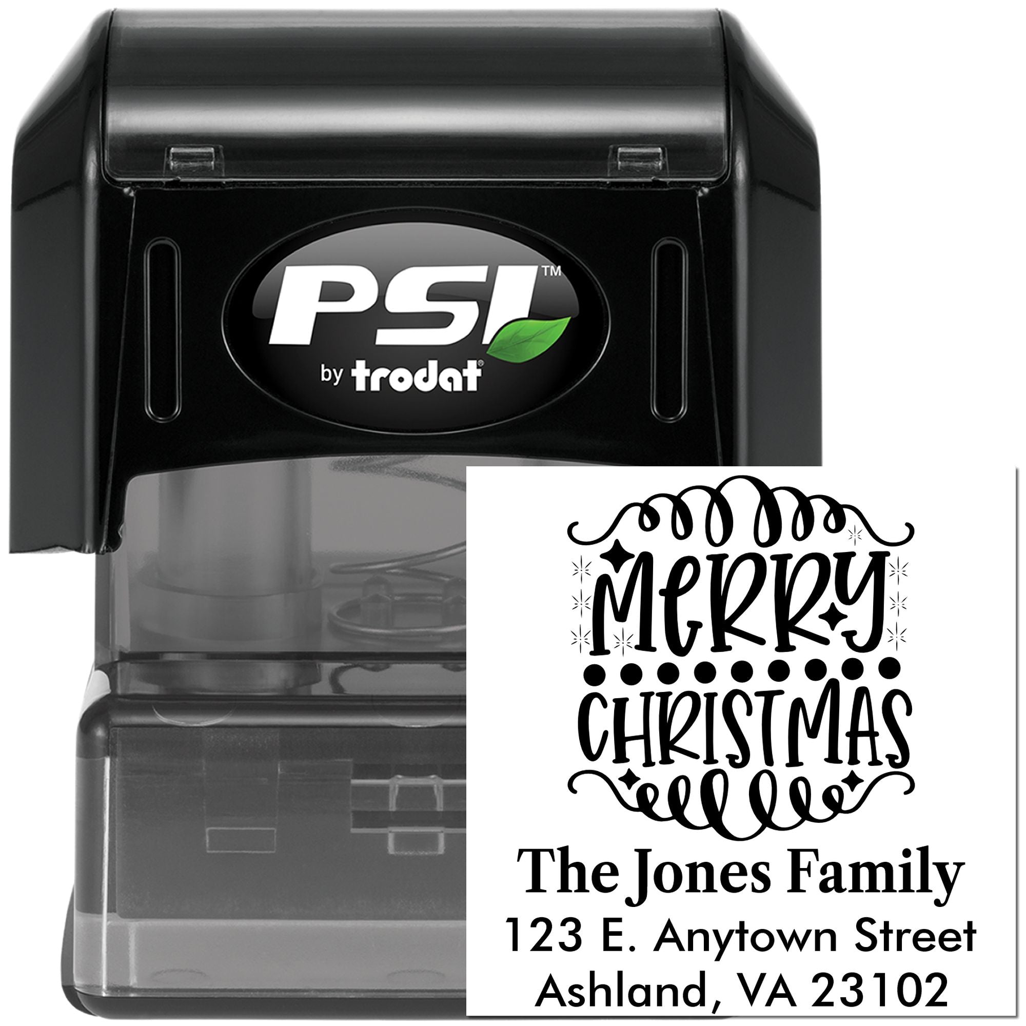 Custom Merry Christmas self-inking rubber stamp by PSI Trodat with family name and return address for holiday cards.