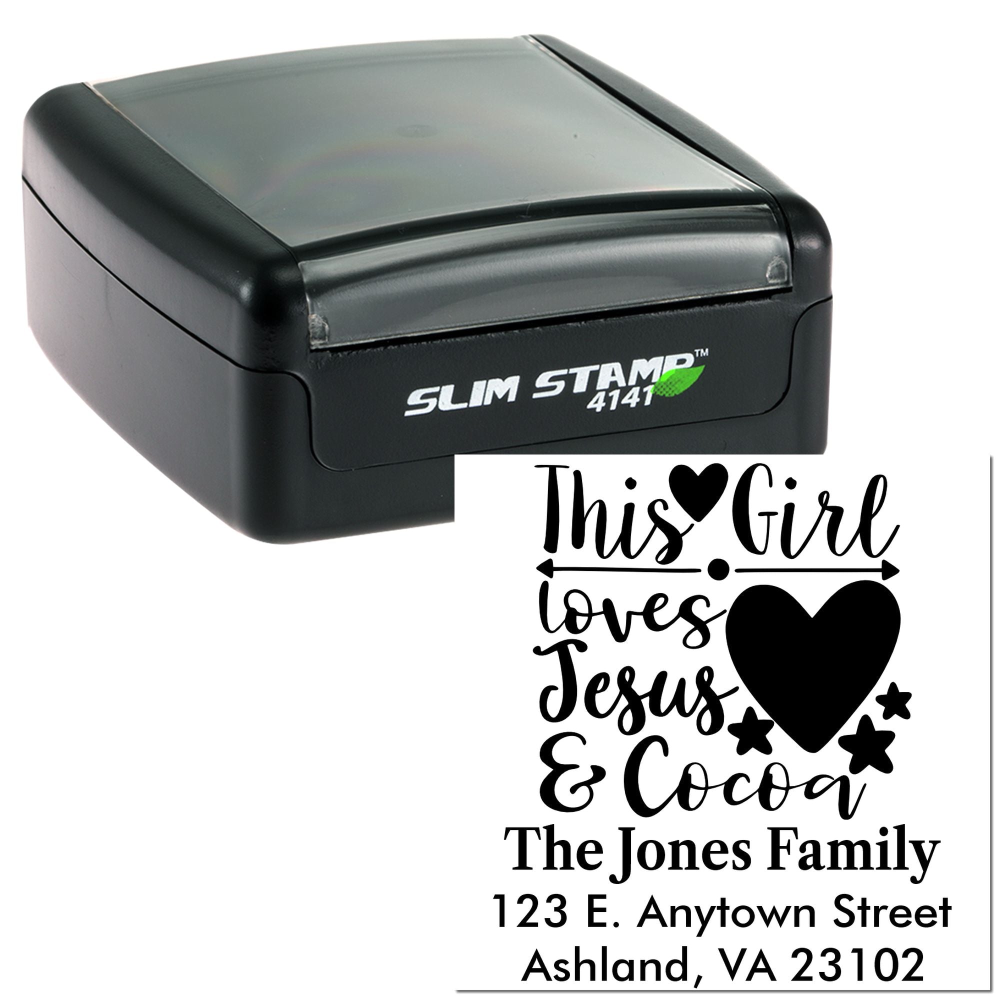 Self-inking personalized address rubber stamp with This Girl Loves Jesus Christian family return address design.