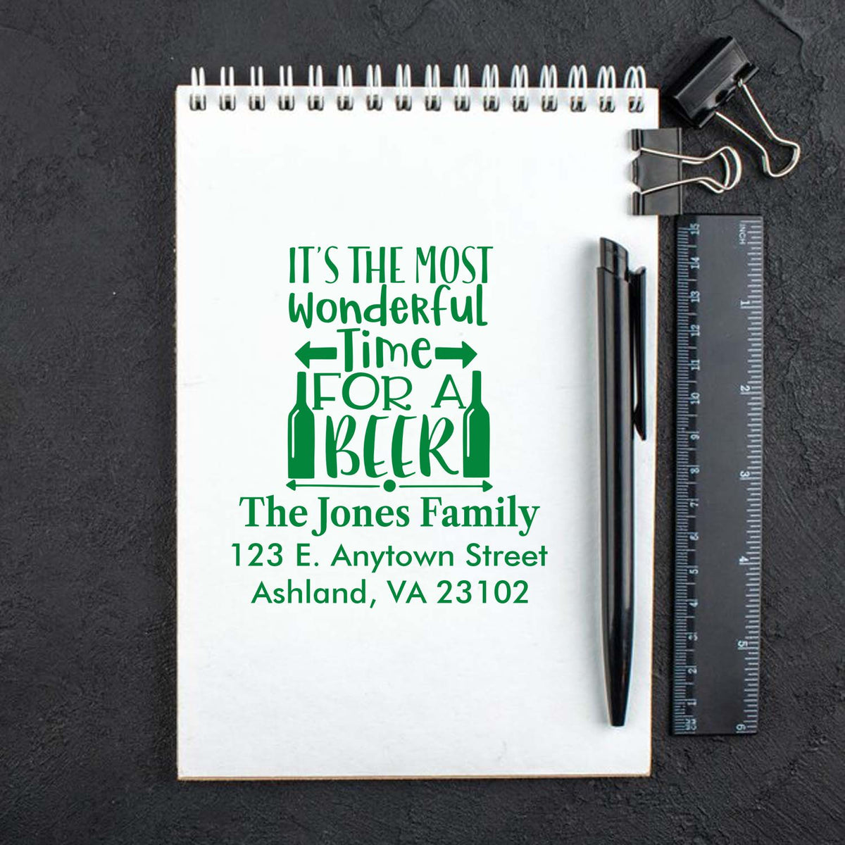 Personalized beer-themed return address rubber stamp for The Jones Family, ideal for custom stationery and gift packaging.
