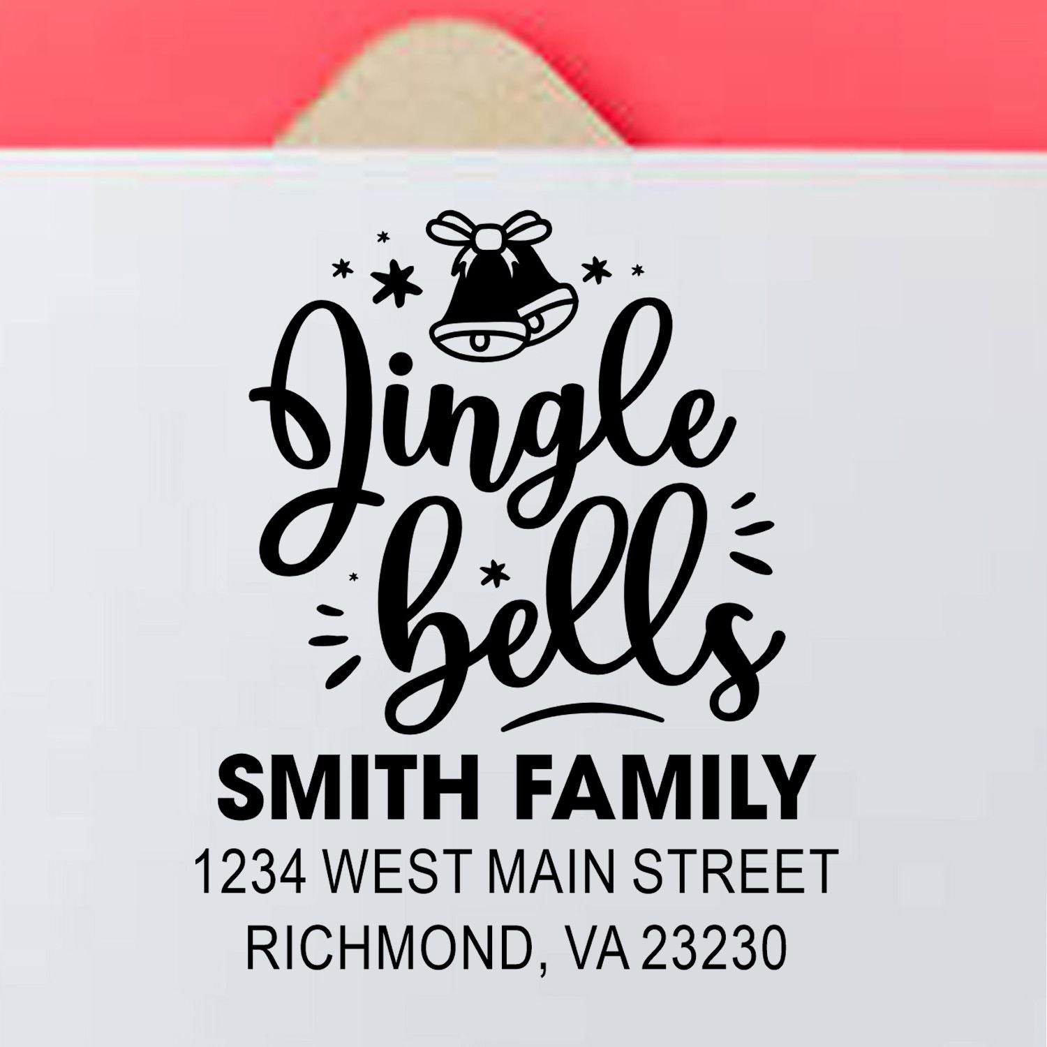 Custom holiday return address rubber stamp with jingle bells design, Smith Family name, and Richmond, VA address.