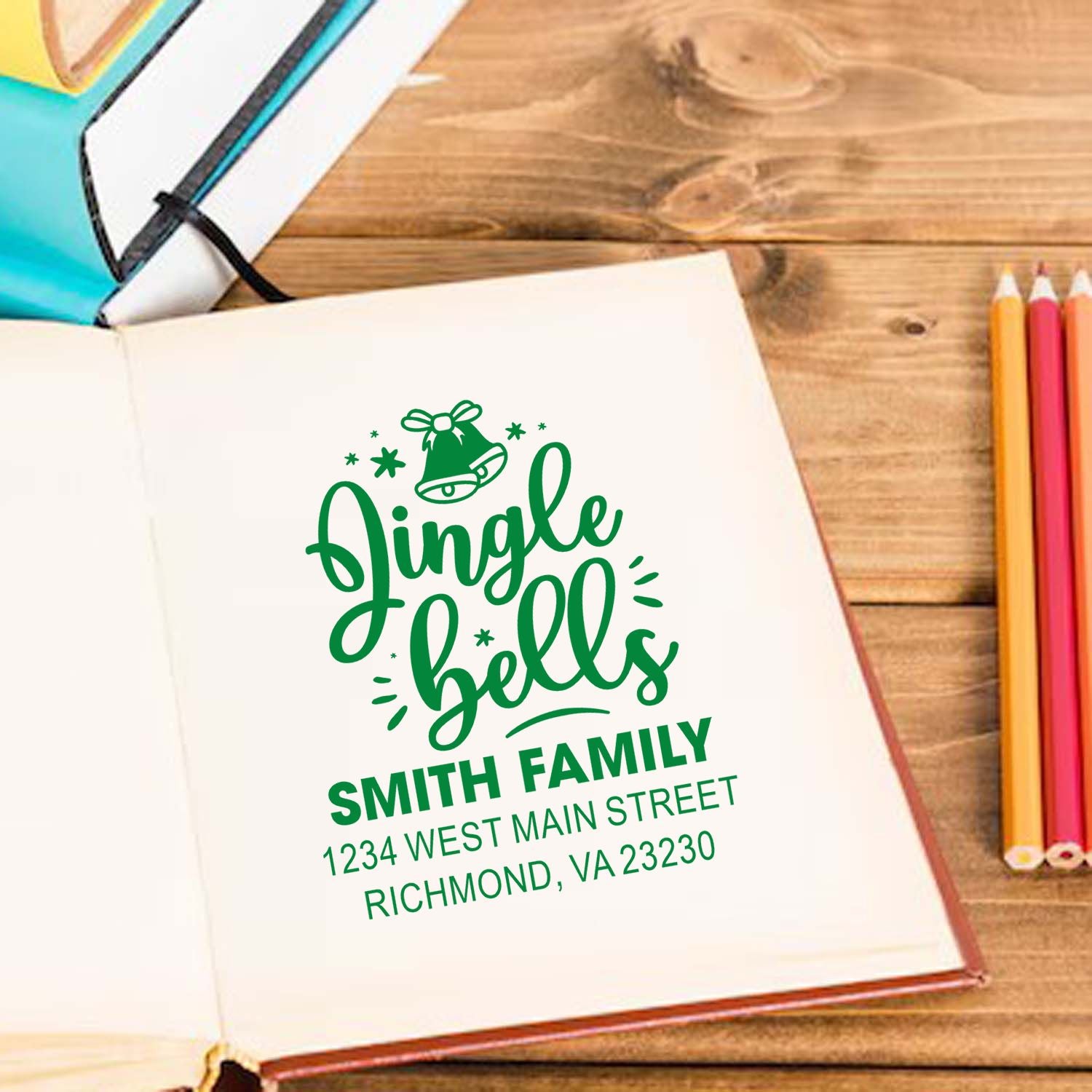 Personalized Christmas address rubber stamp with Jingle Bells design for Smith family holiday cards and stationery