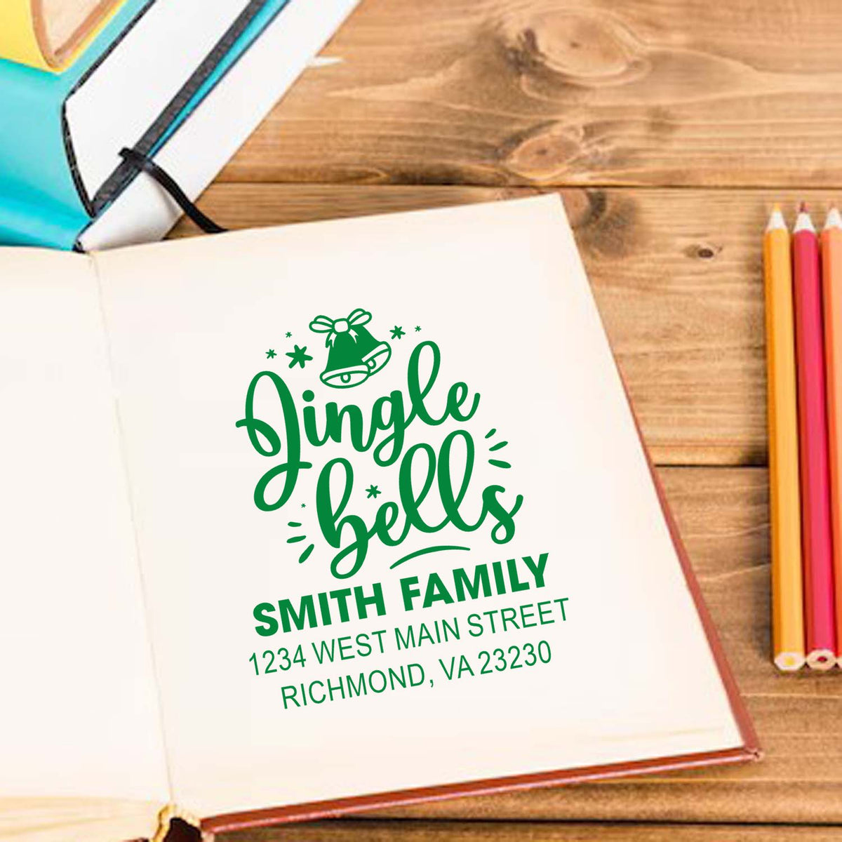 Custom Christmas address rubber stamp impression with Jingle Bells design, Smith family name, and Richmond, VA return address.