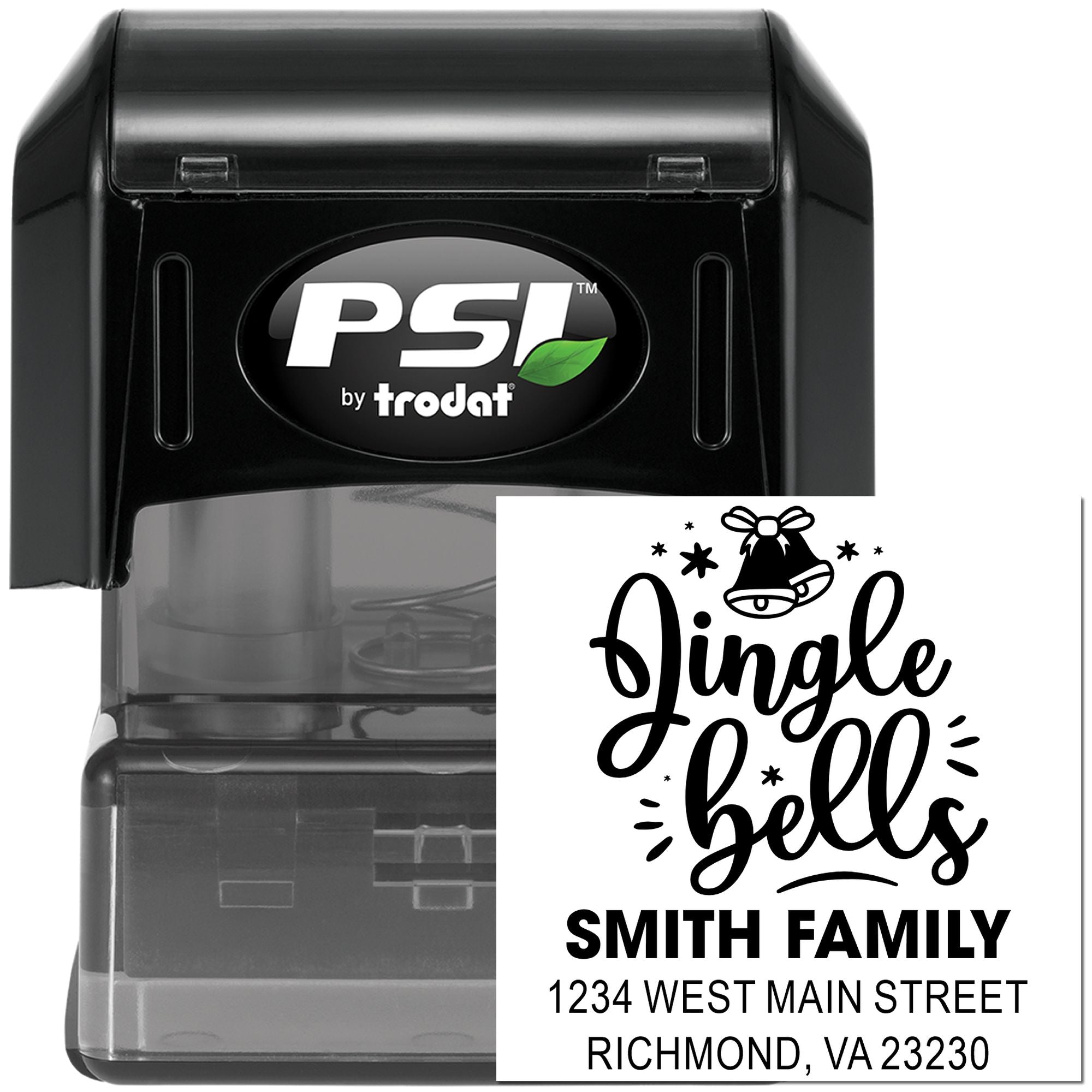 Custom self-inking rubber stamp by PSI Trodat featuring a holiday return address stamp with Jingle Bells and Smith family details.