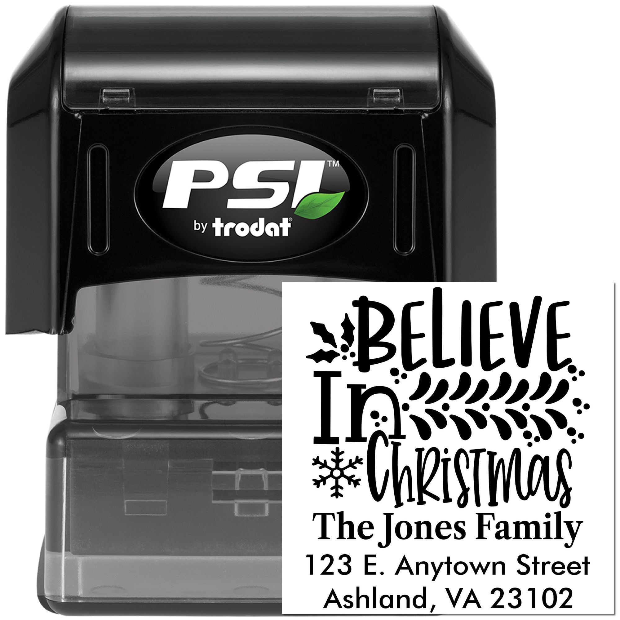 Custom self-inking rubber stamp by PSI Trodat with Believe In Christmas family return address design for holiday mail.