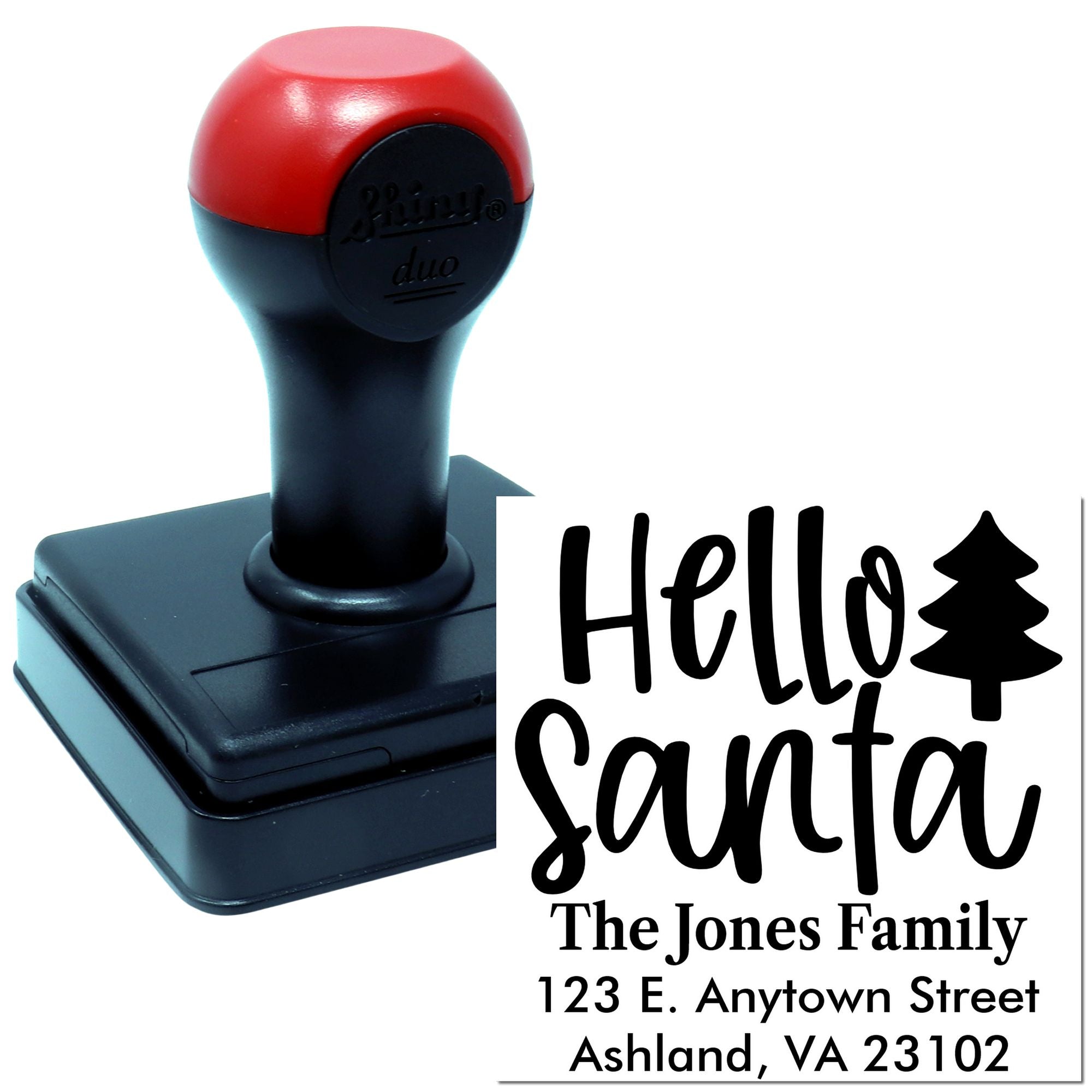 Custom self-inking holiday rubber stamp with Hello Santa design and family address for personalized Christmas cards.