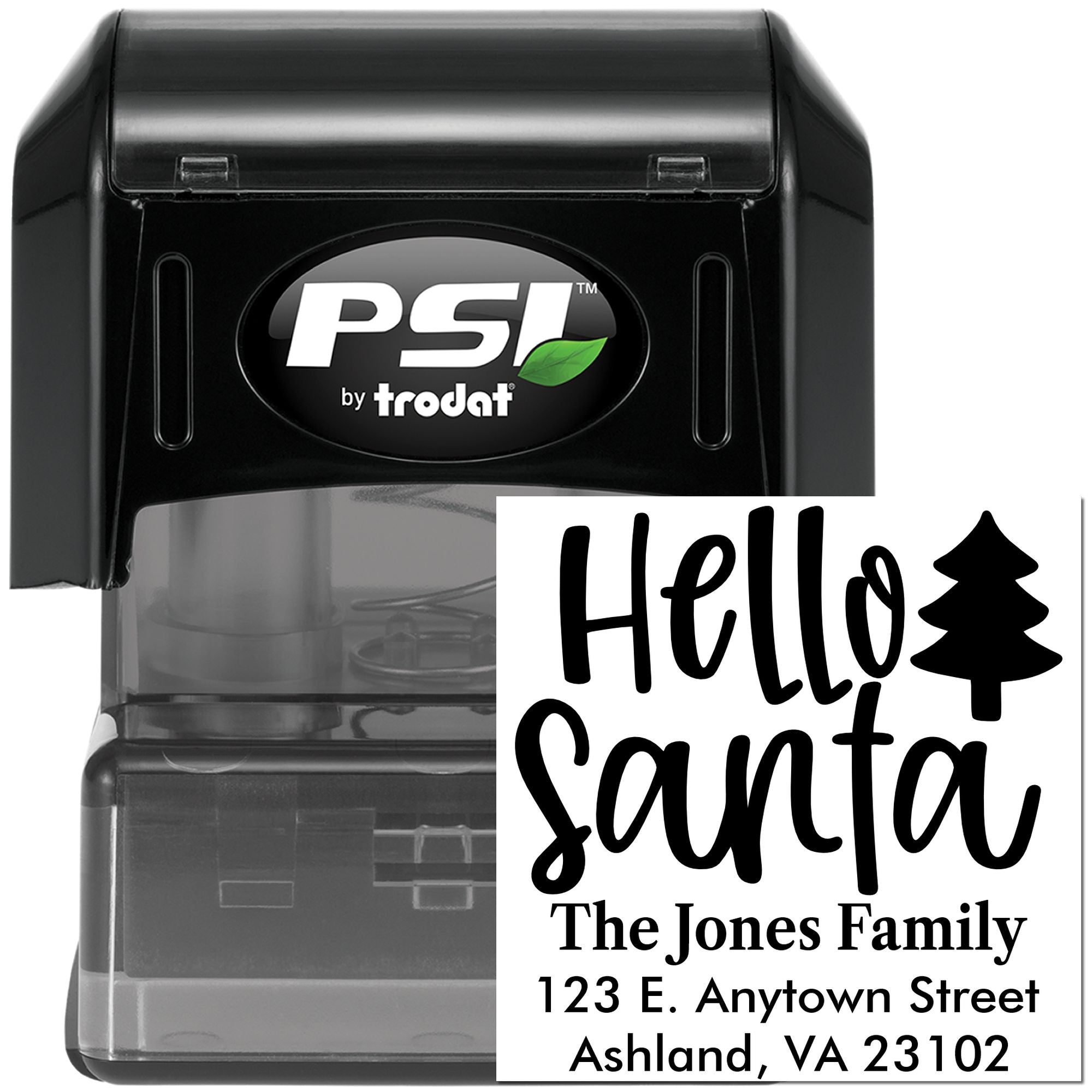 Custom Hello Santa self-inking rubber stamp by PSI Trodat with return address for holiday mail