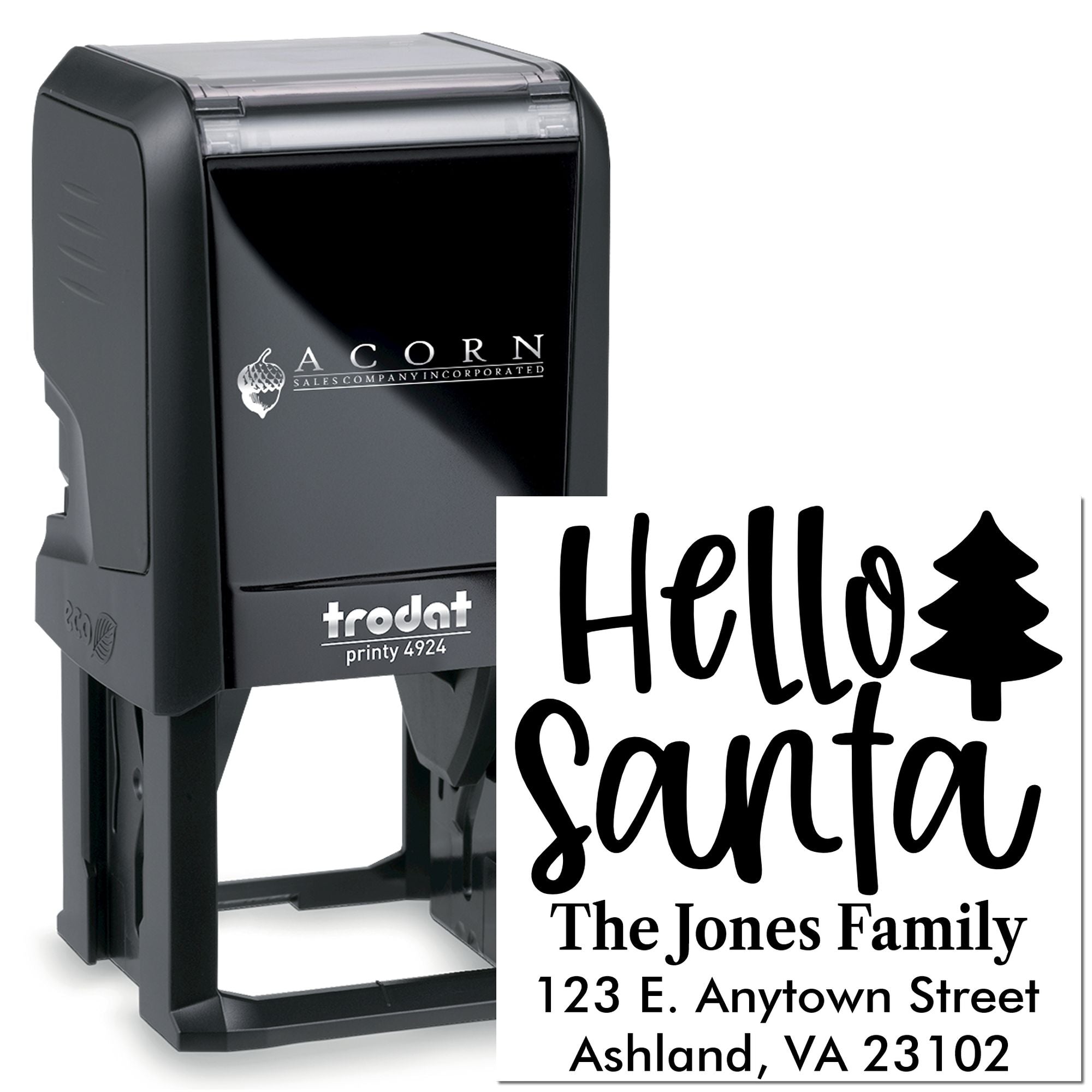 Custom self-inking rubber stamp with Hello Santa return address design for Christmas cards and holiday mail.