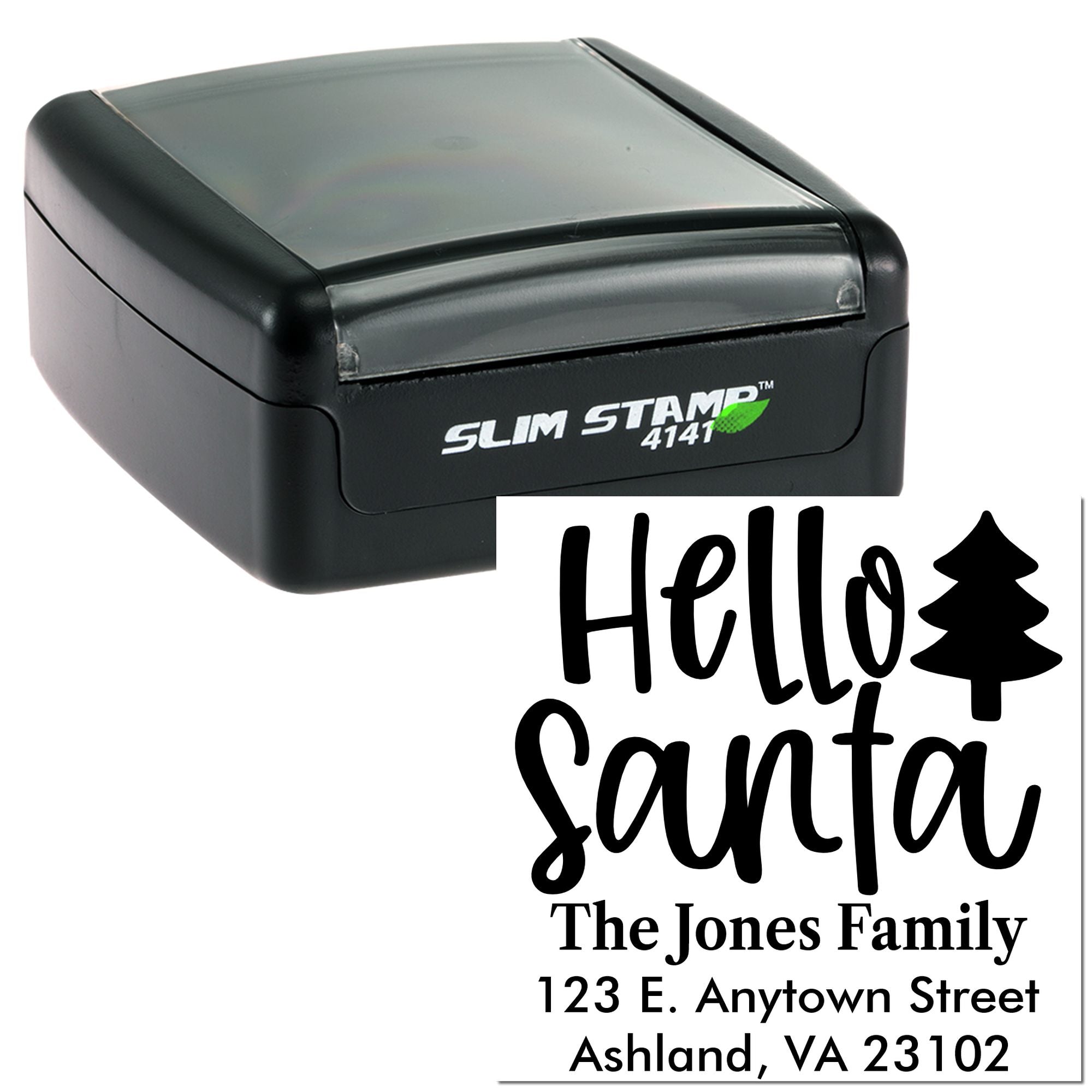 Custom self-inking rubber stamp with Hello Santa family return address design for holiday cards.