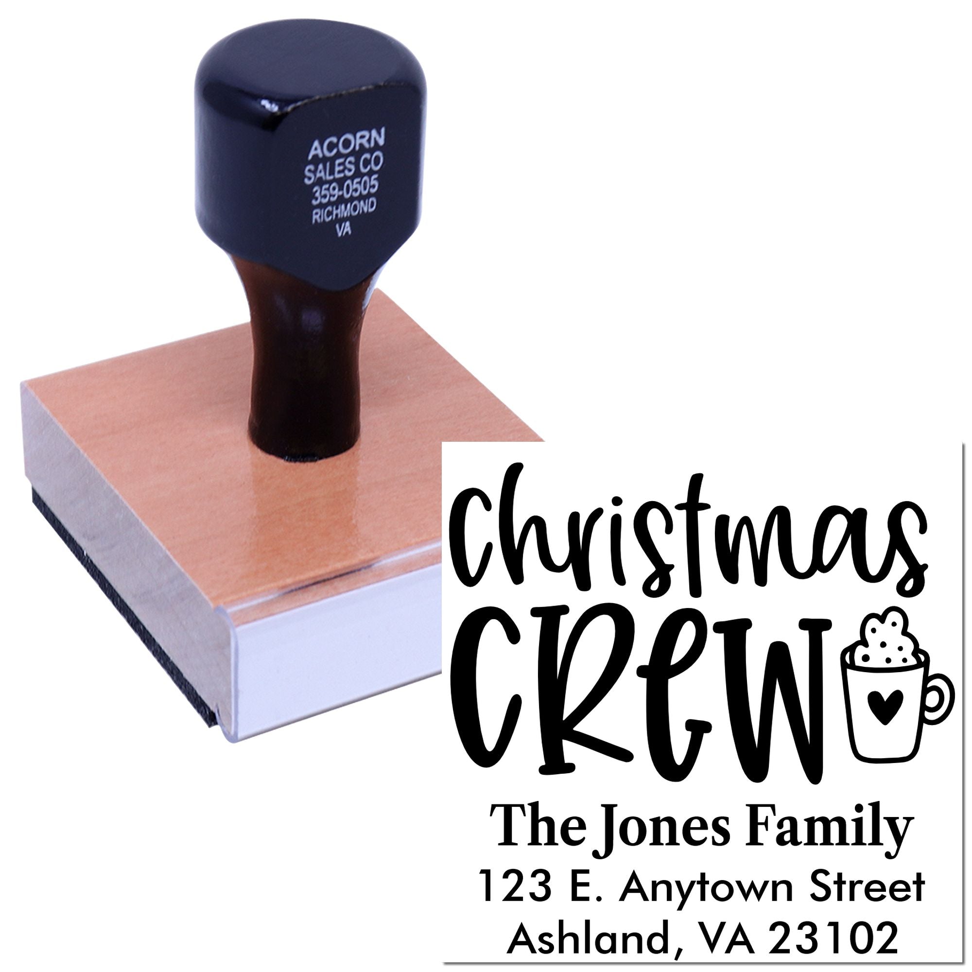 Custom Christmas Crew return address rubber stamp for holiday mail, featuring The Jones Family and personalized address.