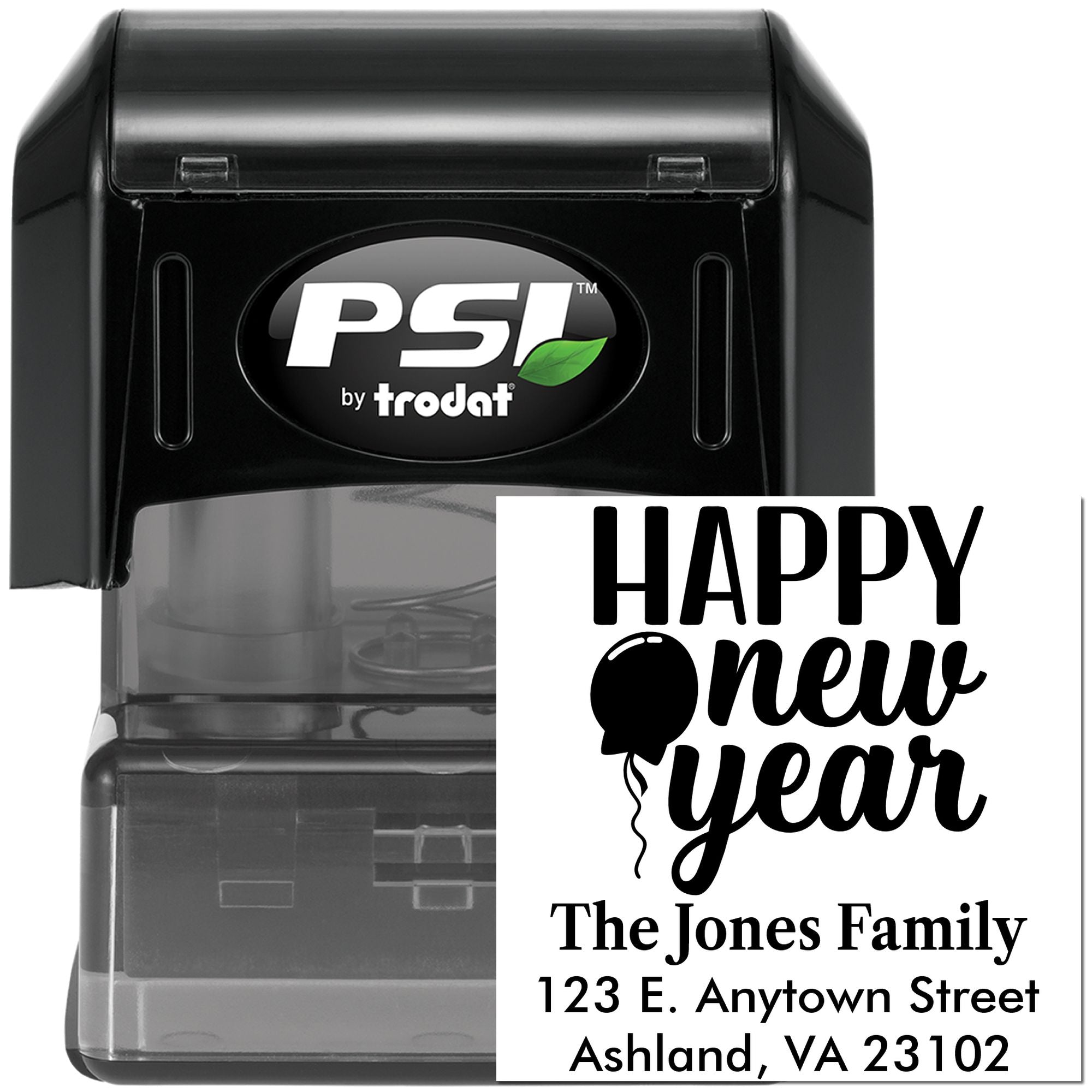 Custom PSI by Trodat self-inking address rubber stamp with Happy New Year and The Jones Family holiday message.