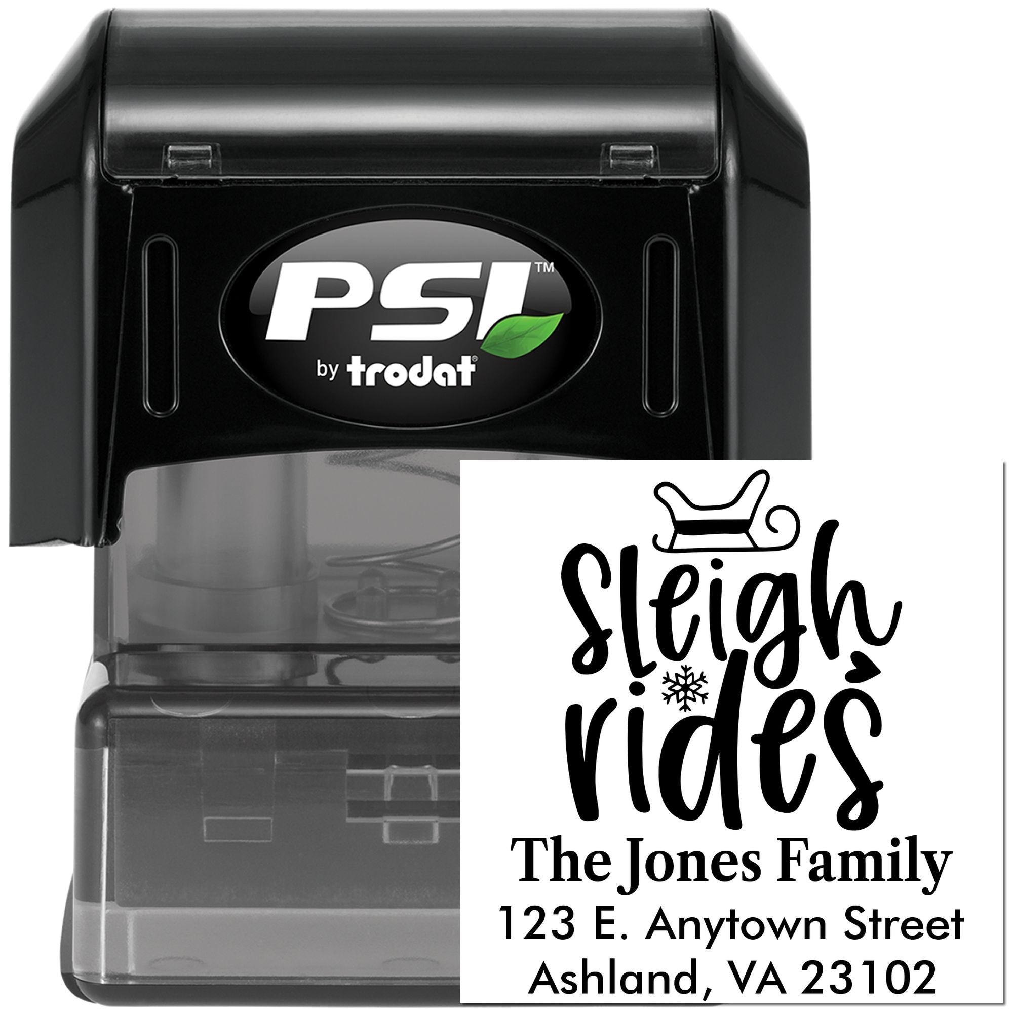 Custom self-inking rubber stamp by PSI Trodat, featuring a Sleigh Rides family return address design for holiday mailings.