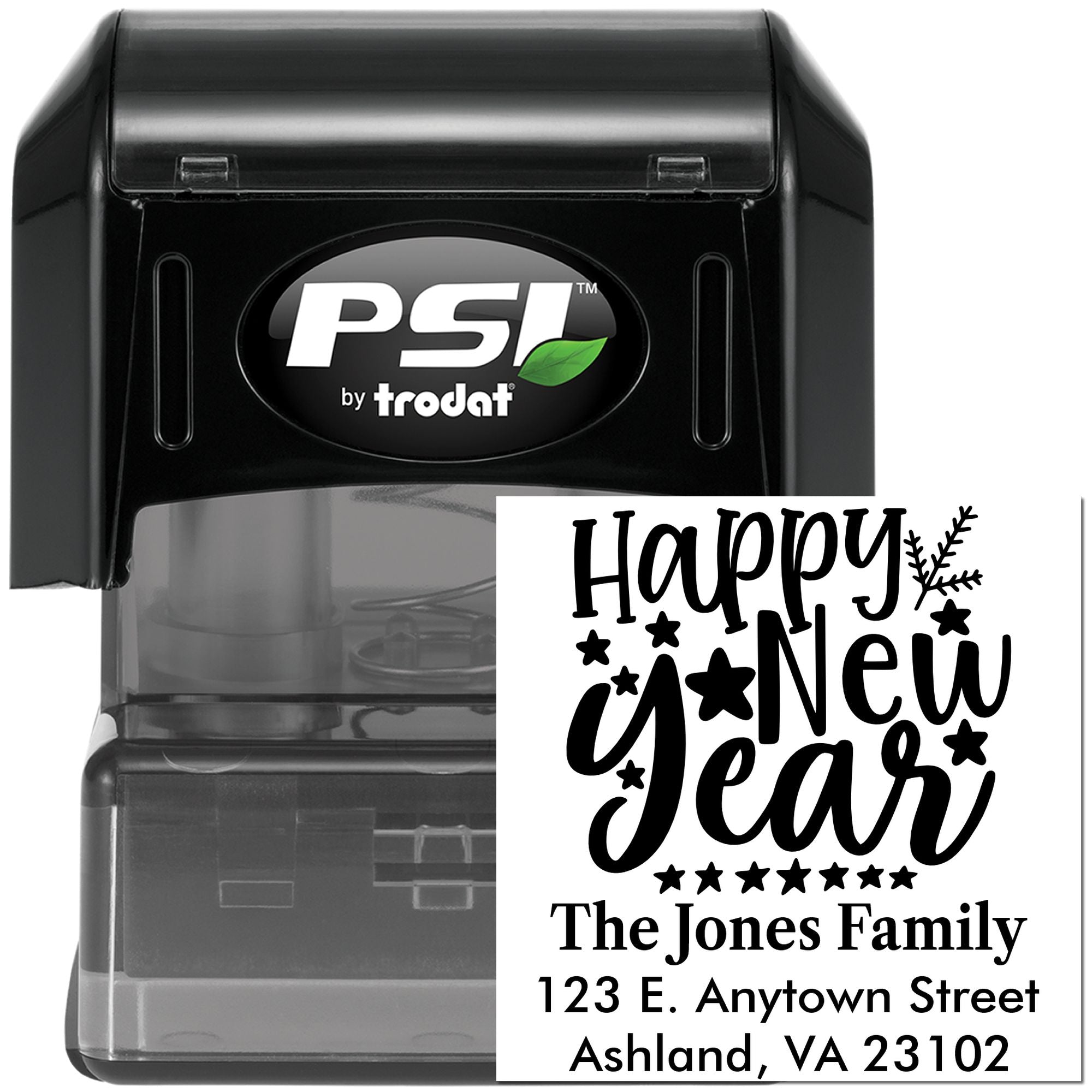 Custom self-inking rubber stamp with Happy New Year holiday address design by PSI Trodat for festive family mailings.