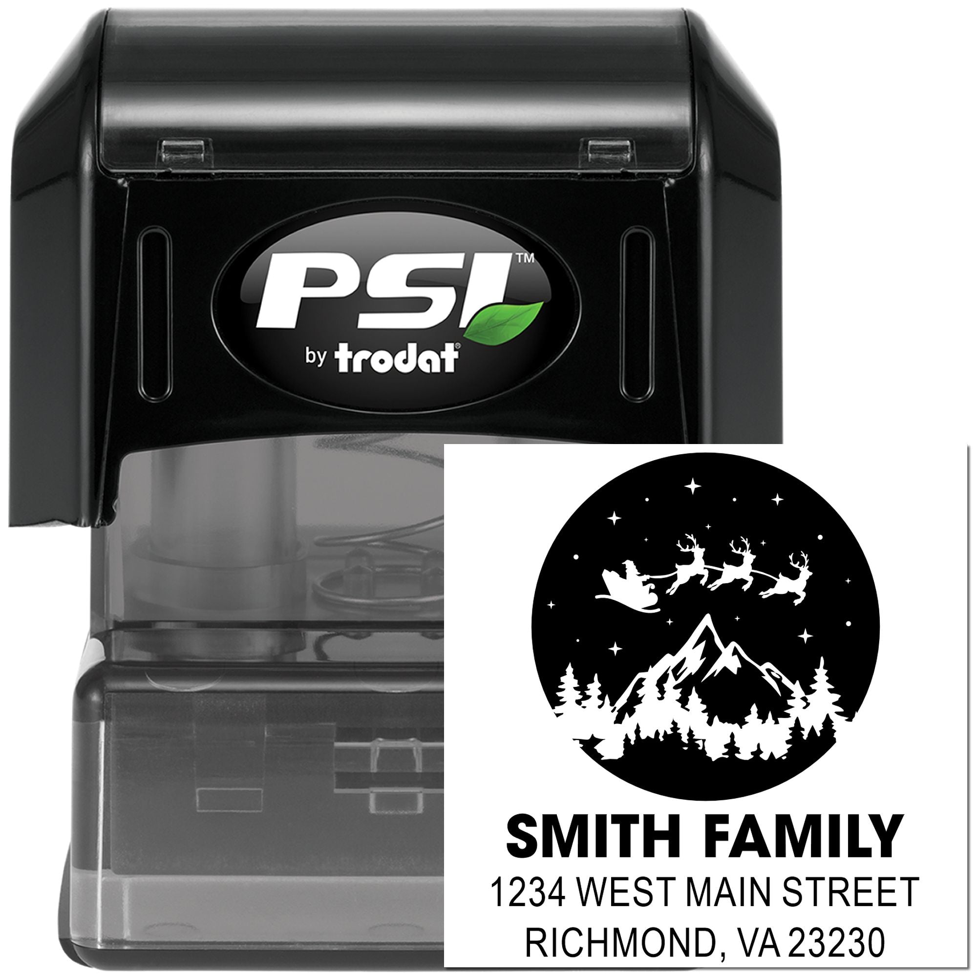 PSI by Trodat custom self-inking rubber address stamp with holiday family return address design and personalized imprint