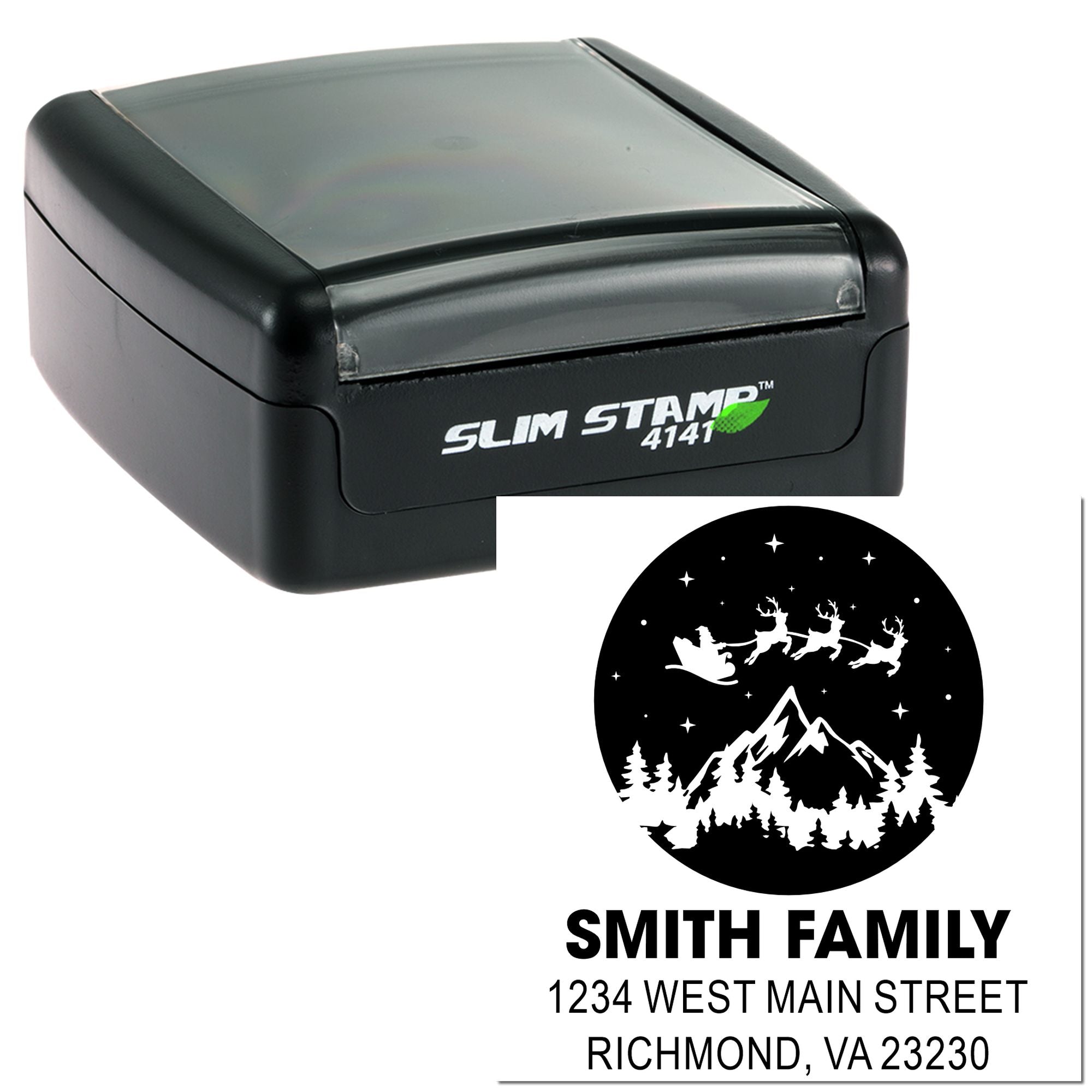 Custom slim self-inking rubber stamp with Christmas family return address design for personalized mailing.